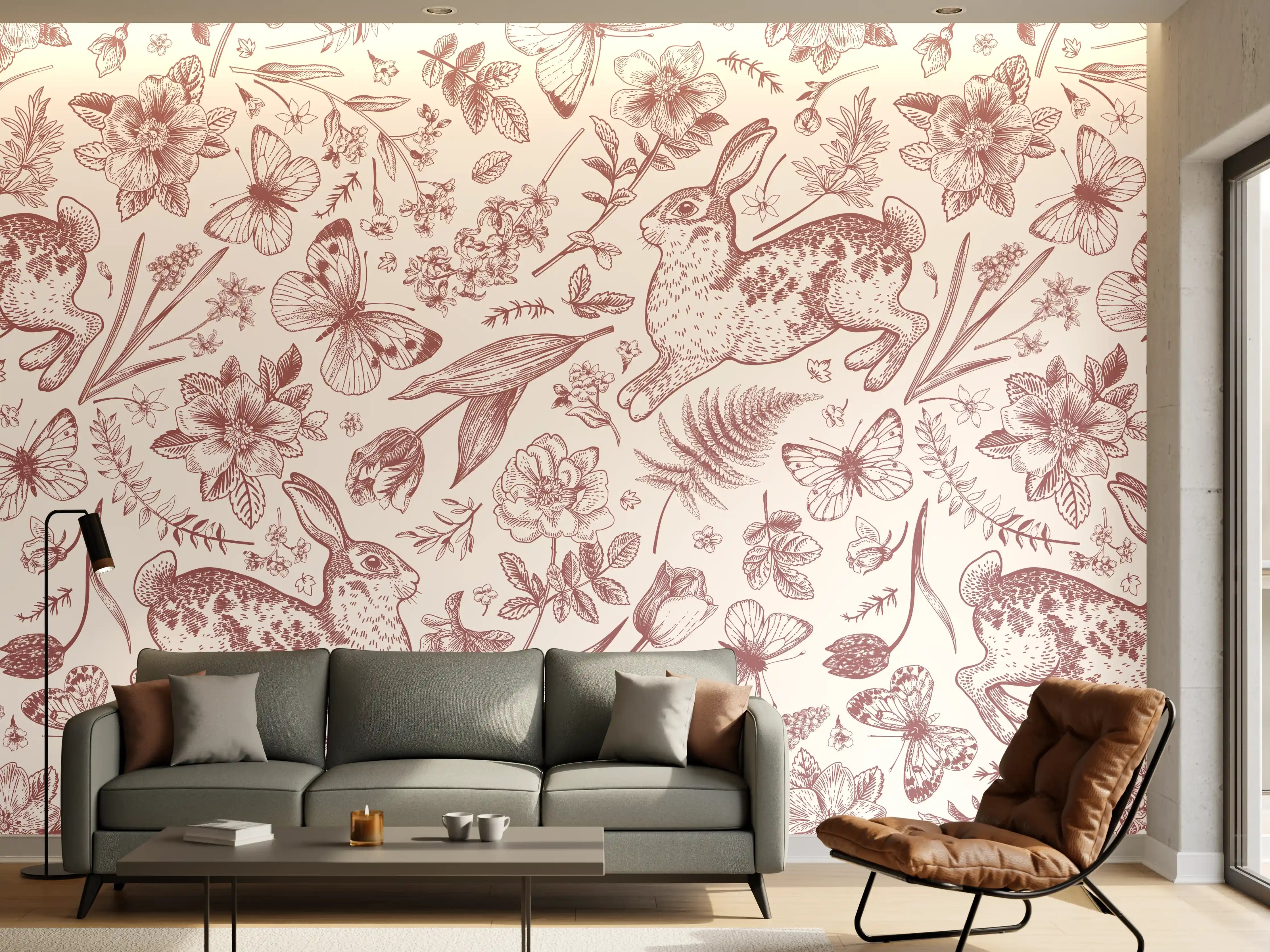 Wandverkleidung Wohnzimmer - Vintage Rosa Blumenmuster