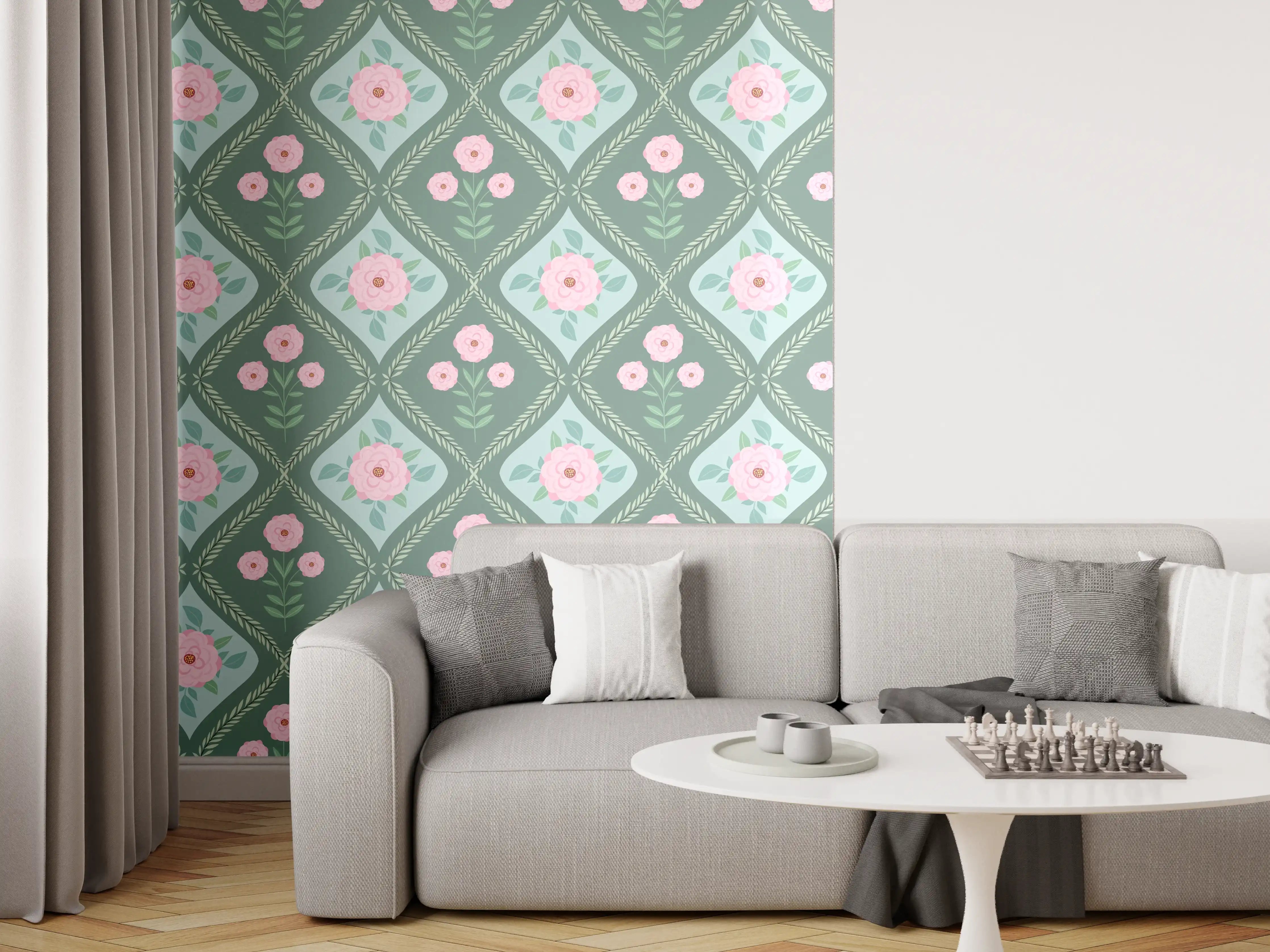 Wandverkleidung Wohnzimmer - Vintage Rosen Tapete Grün-Rosa