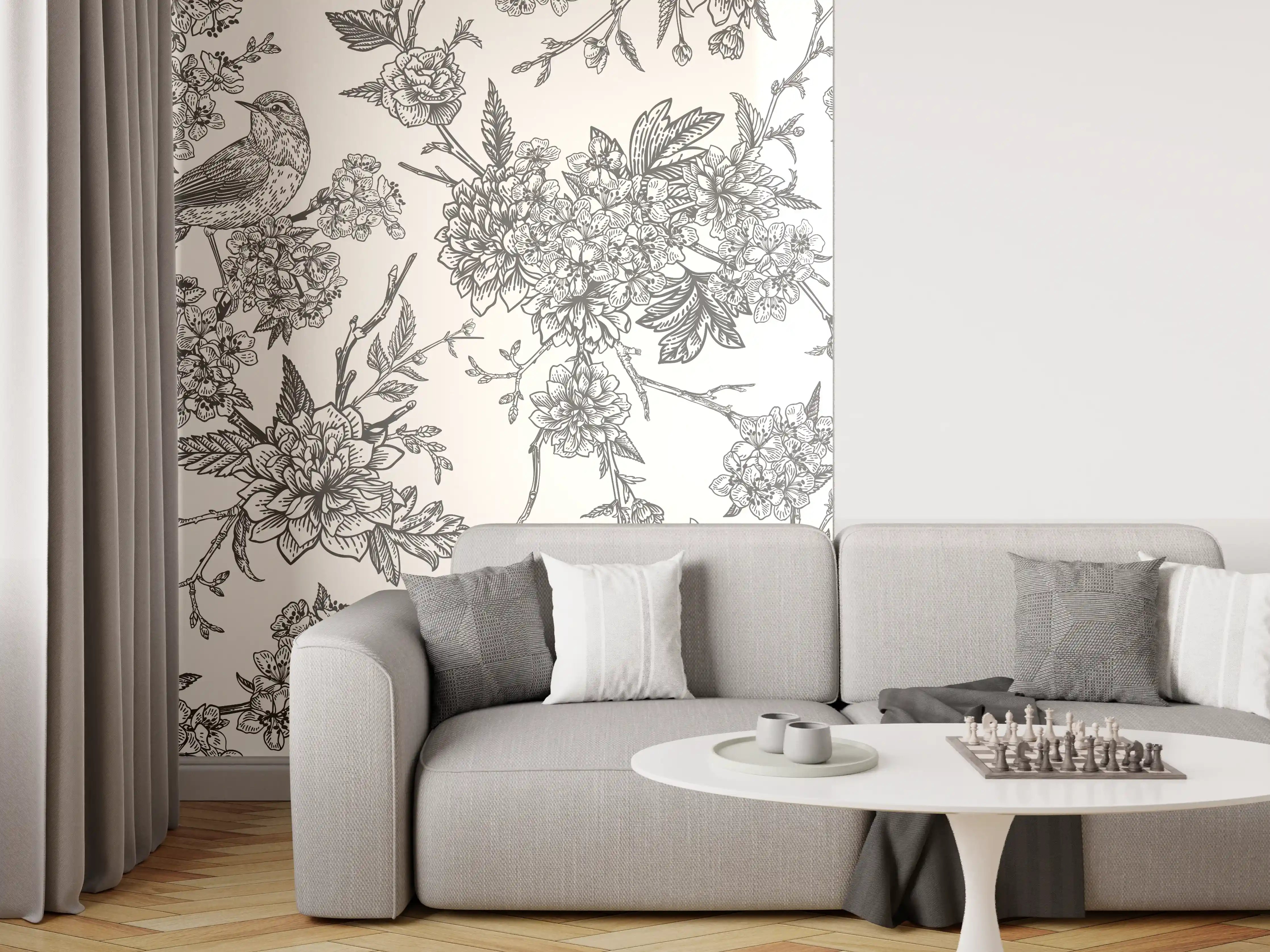 Wandverkleidung Wohnzimmer - Vintage Schwarzweiß Blumenmuster