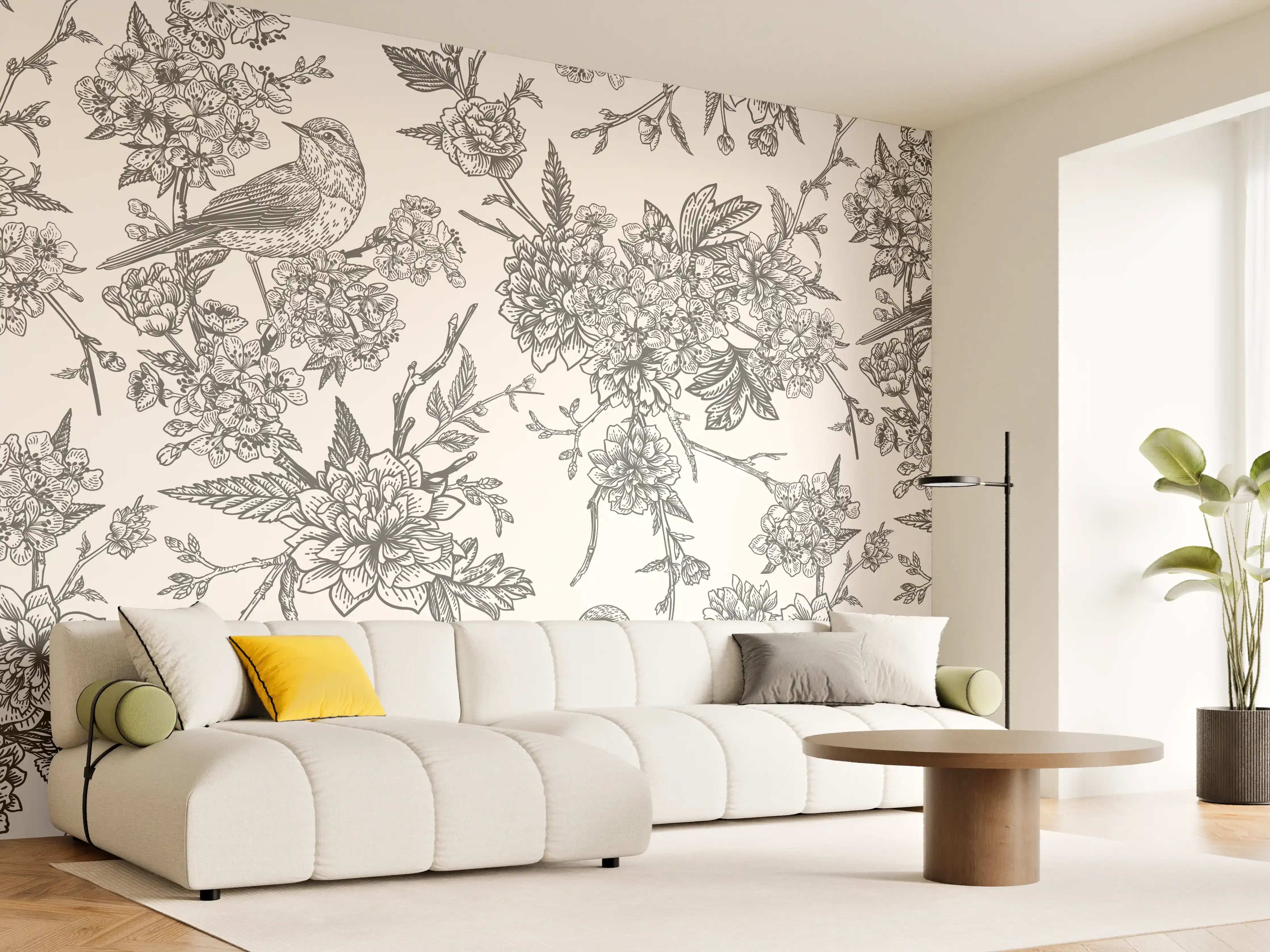 Wandverkleidung Wohnzimmer - Vintage Schwarzweiß Blumenmuster