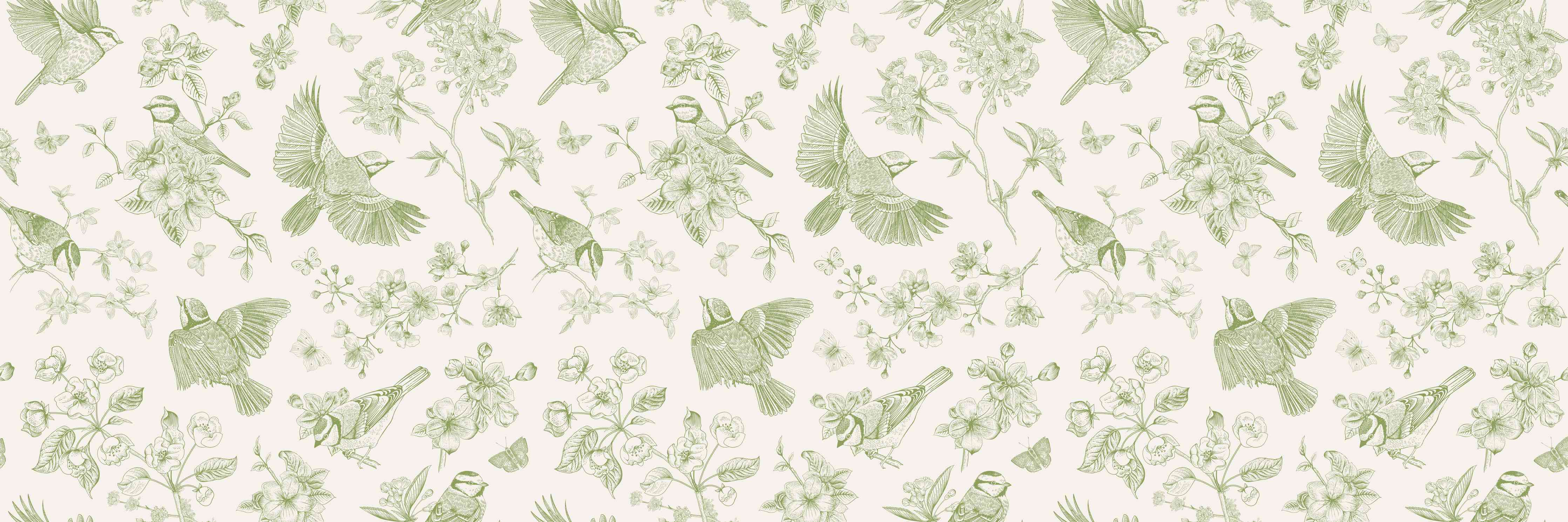 Wandverkleidung Wohnzimmer-Vintage Vogelgarten Grün-Beige