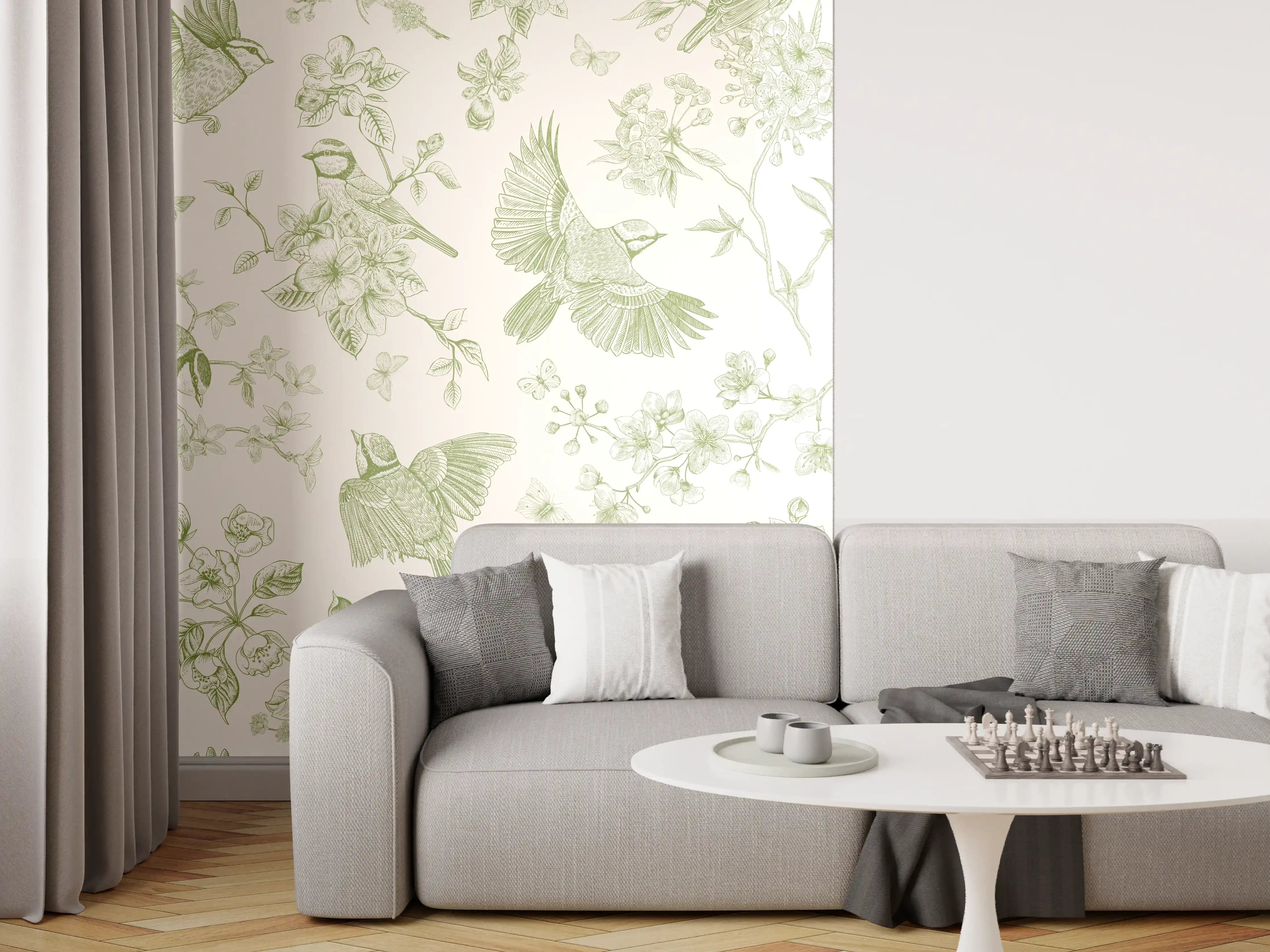 Wandverkleidung Wohnzimmer - Vintage Vogelgarten Grün-Beige