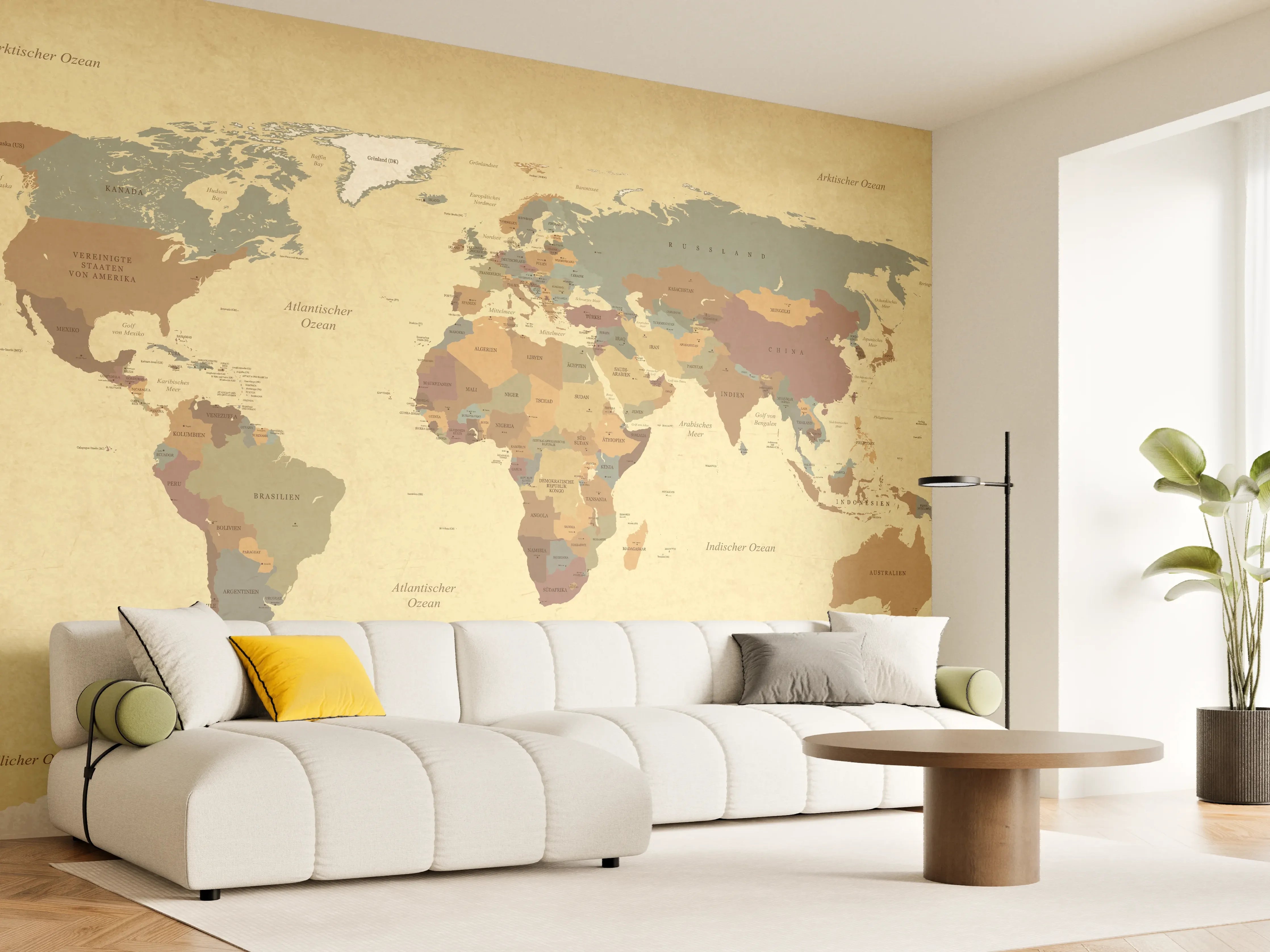 Wandverkleidung Wohnzimmer - Vintage Weltkarte Textur Beige