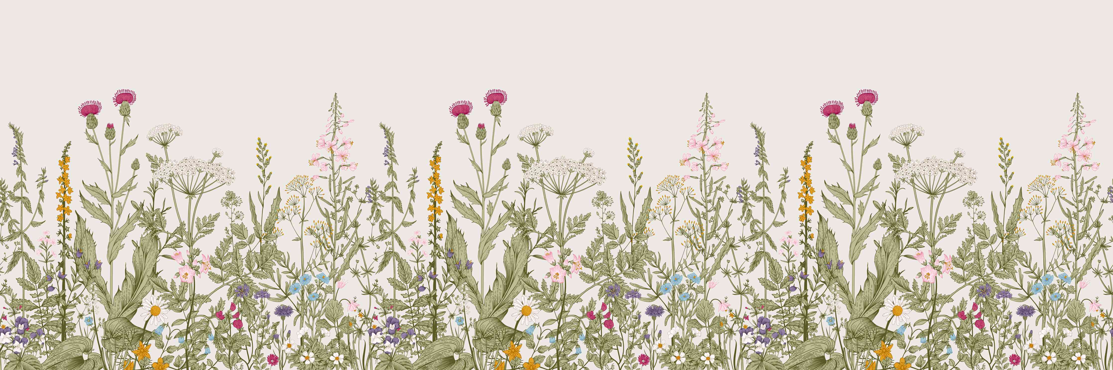 Wandverkleidung Wohnzimmer-Vintage Wiesenblumen Bordüre Beige-Grün