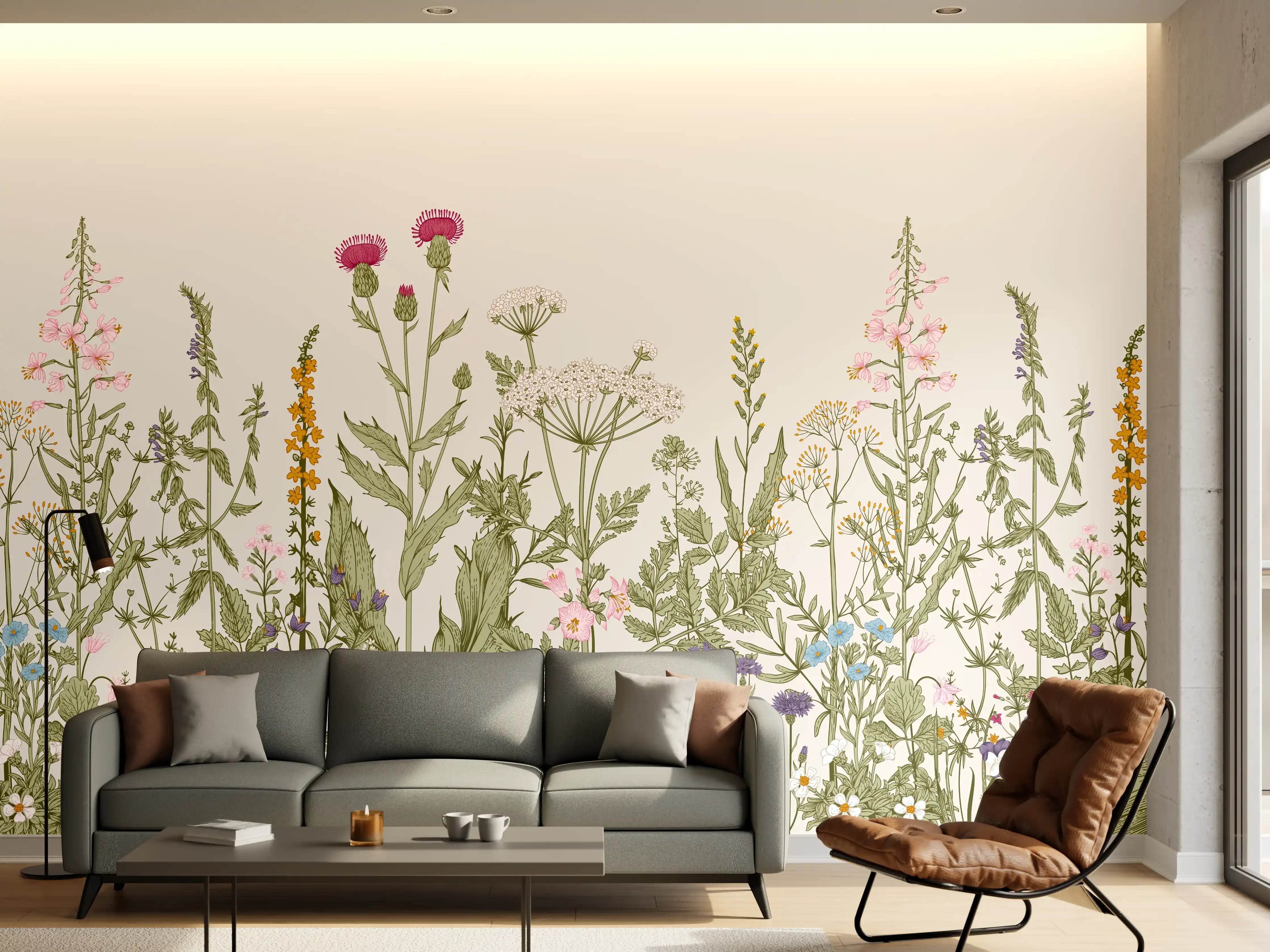 Wandverkleidung Wohnzimmer - Vintage Wiesenblumen Bordüre Beige-Grün