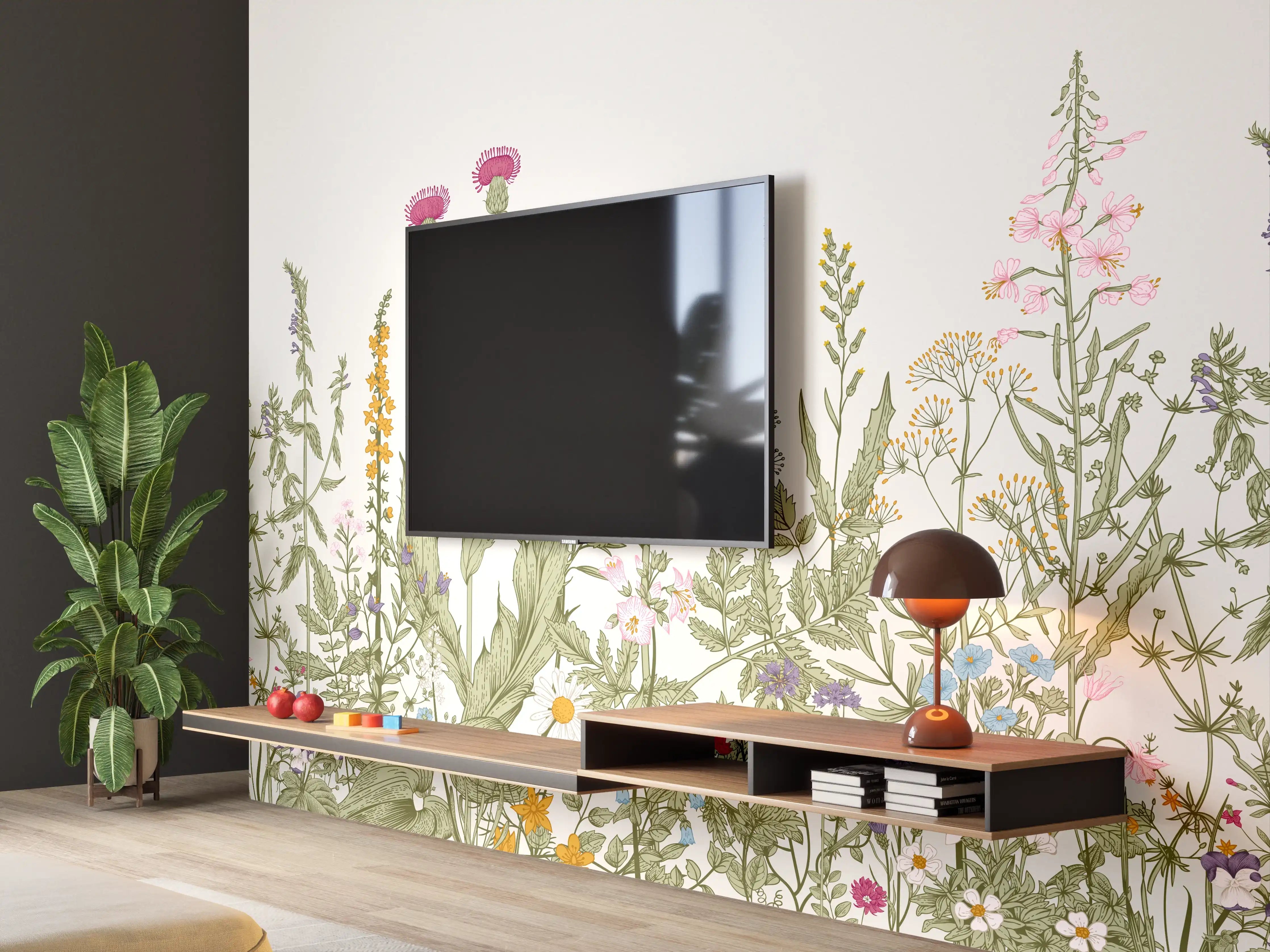Wandverkleidung Wohnzimmer - Vintage Wiesenblumen Bordüre Beige-Grün