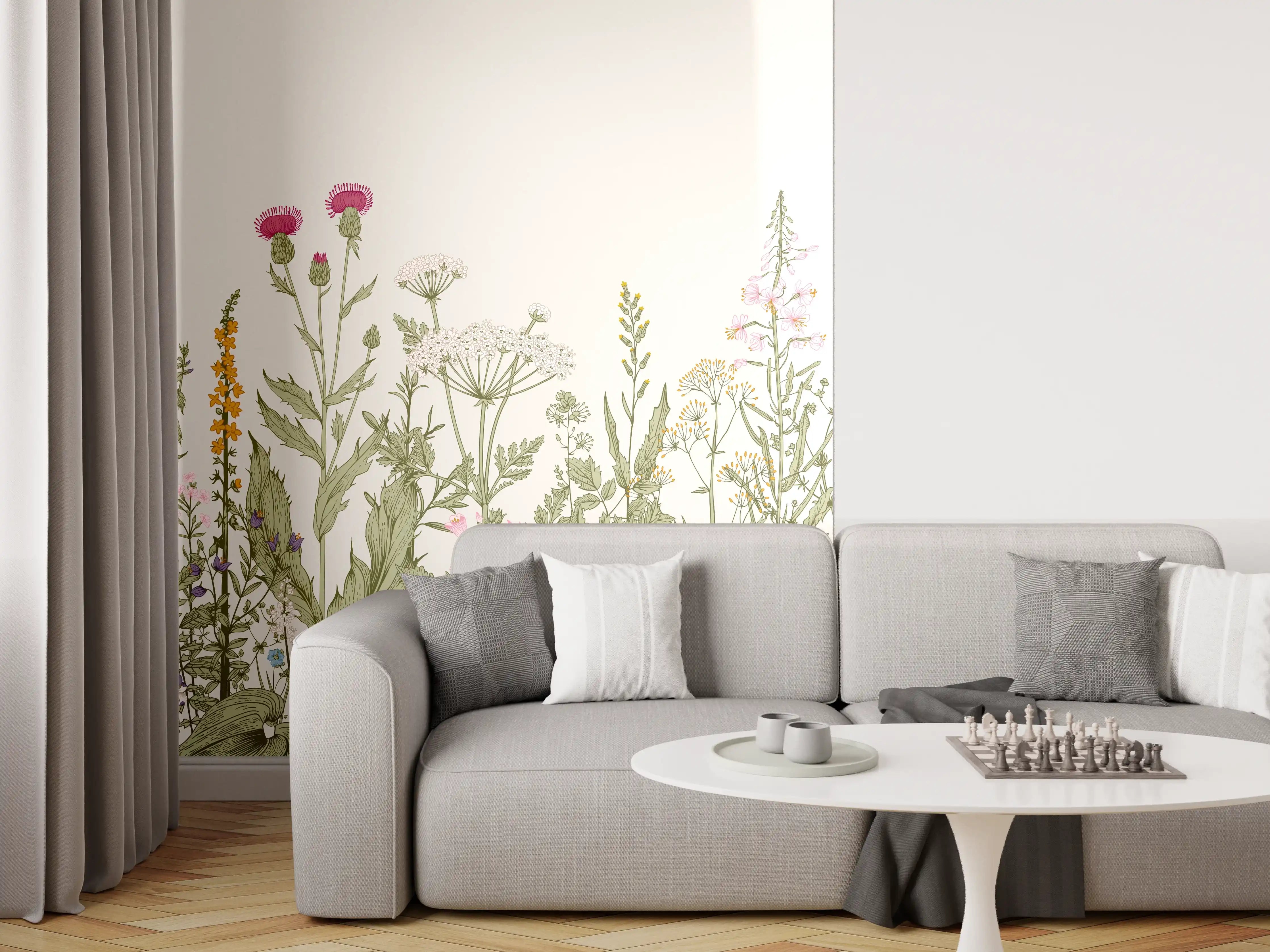 Wandverkleidung Wohnzimmer - Vintage Wiesenblumen Bordüre Beige-Grün
