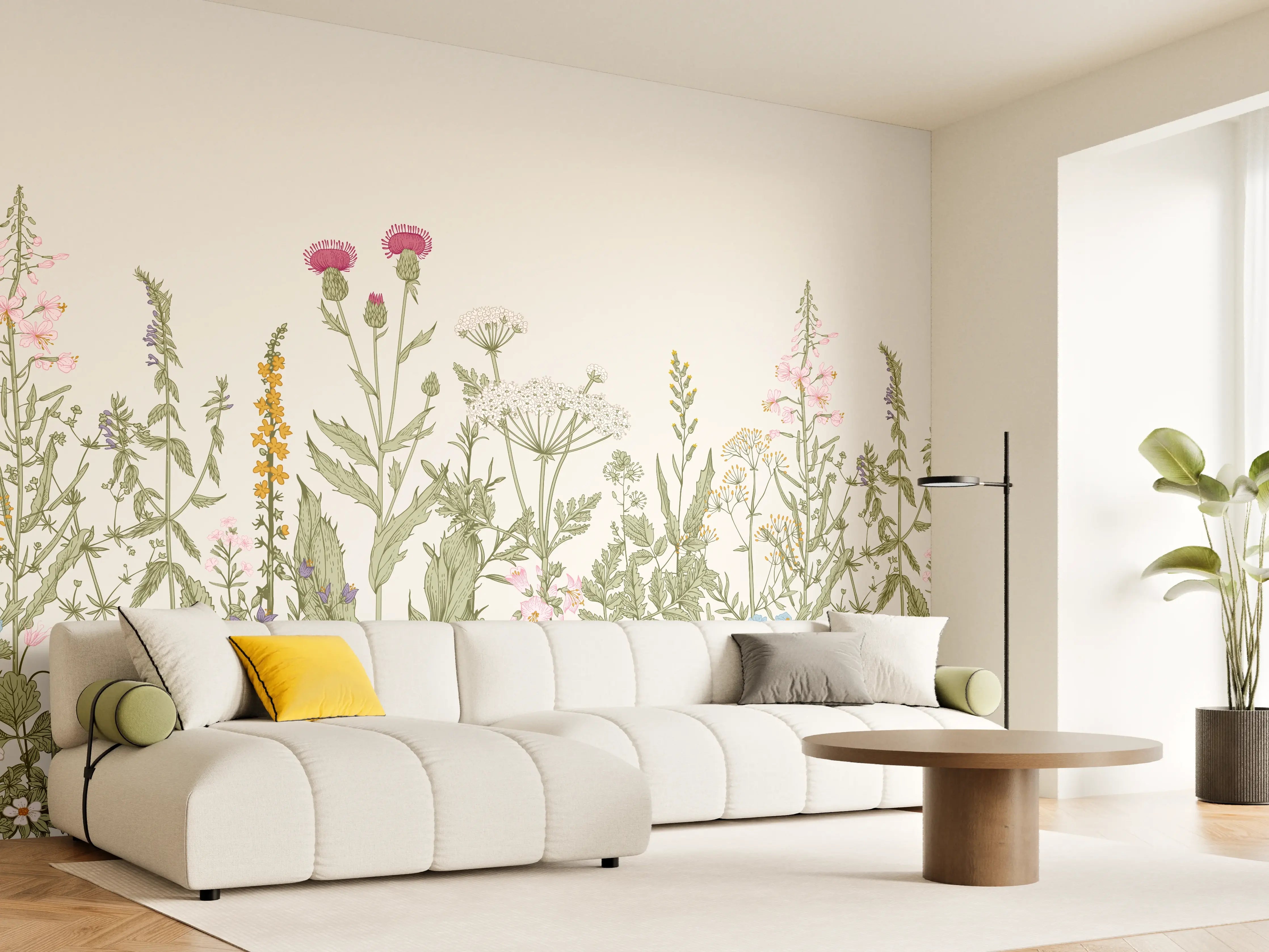 Wandverkleidung Wohnzimmer - Vintage Wiesenblumen Bordüre Beige-Grün