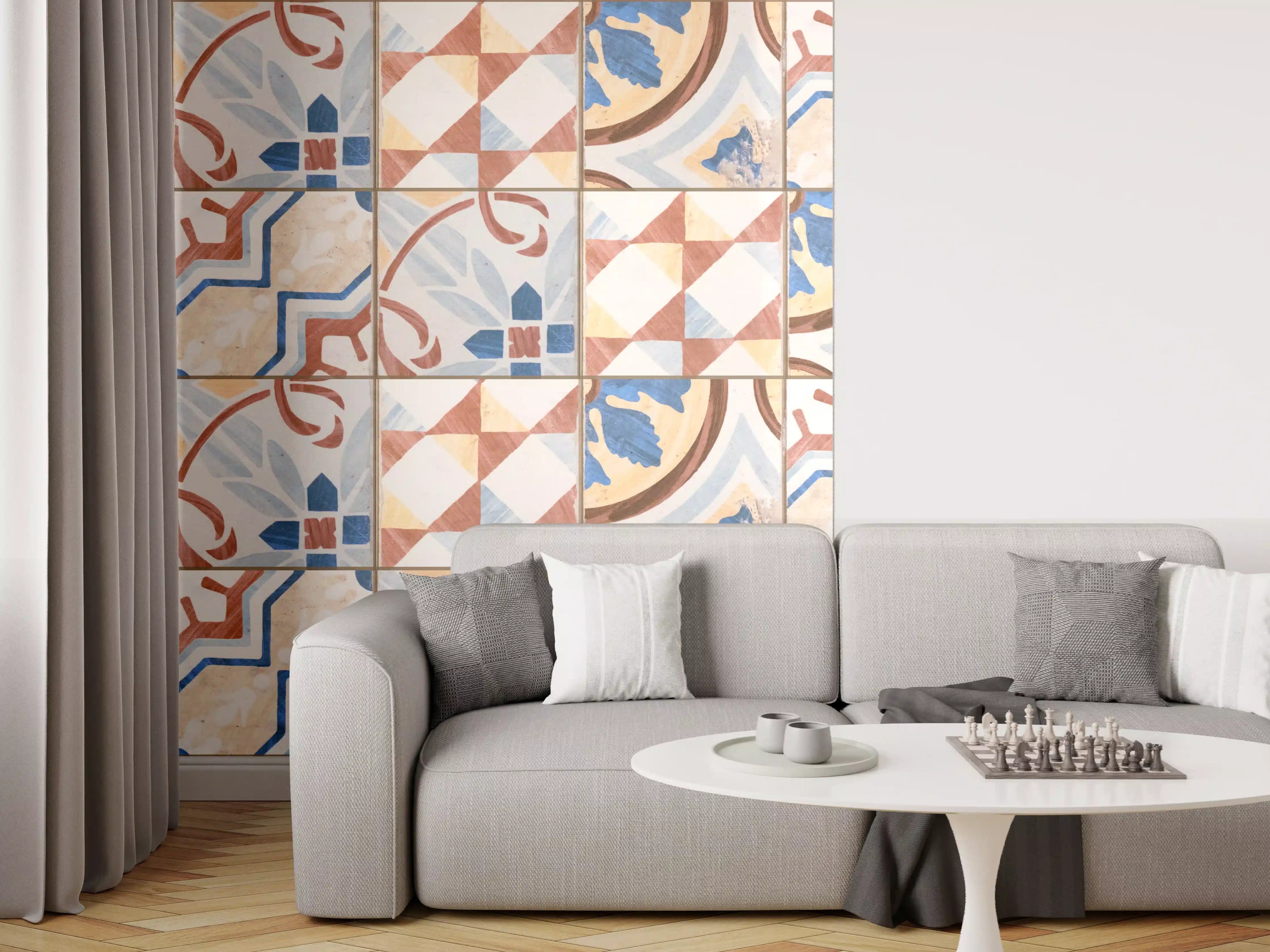 Wandverkleidung Wohnzimmer - Vintage Zement Fliesen