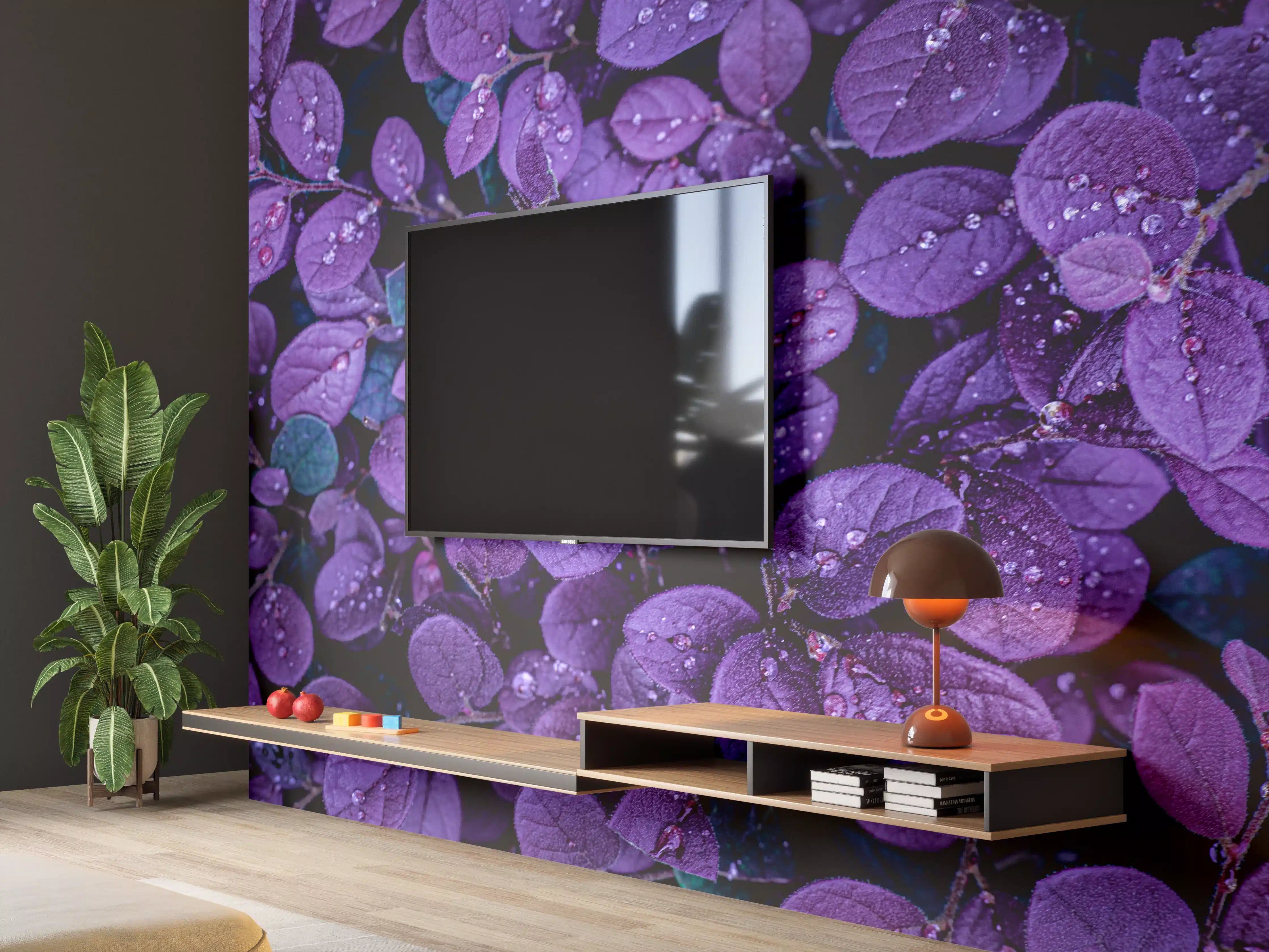 Wandverkleidung Wohnzimmer - Violet Leaves with Water Droplets