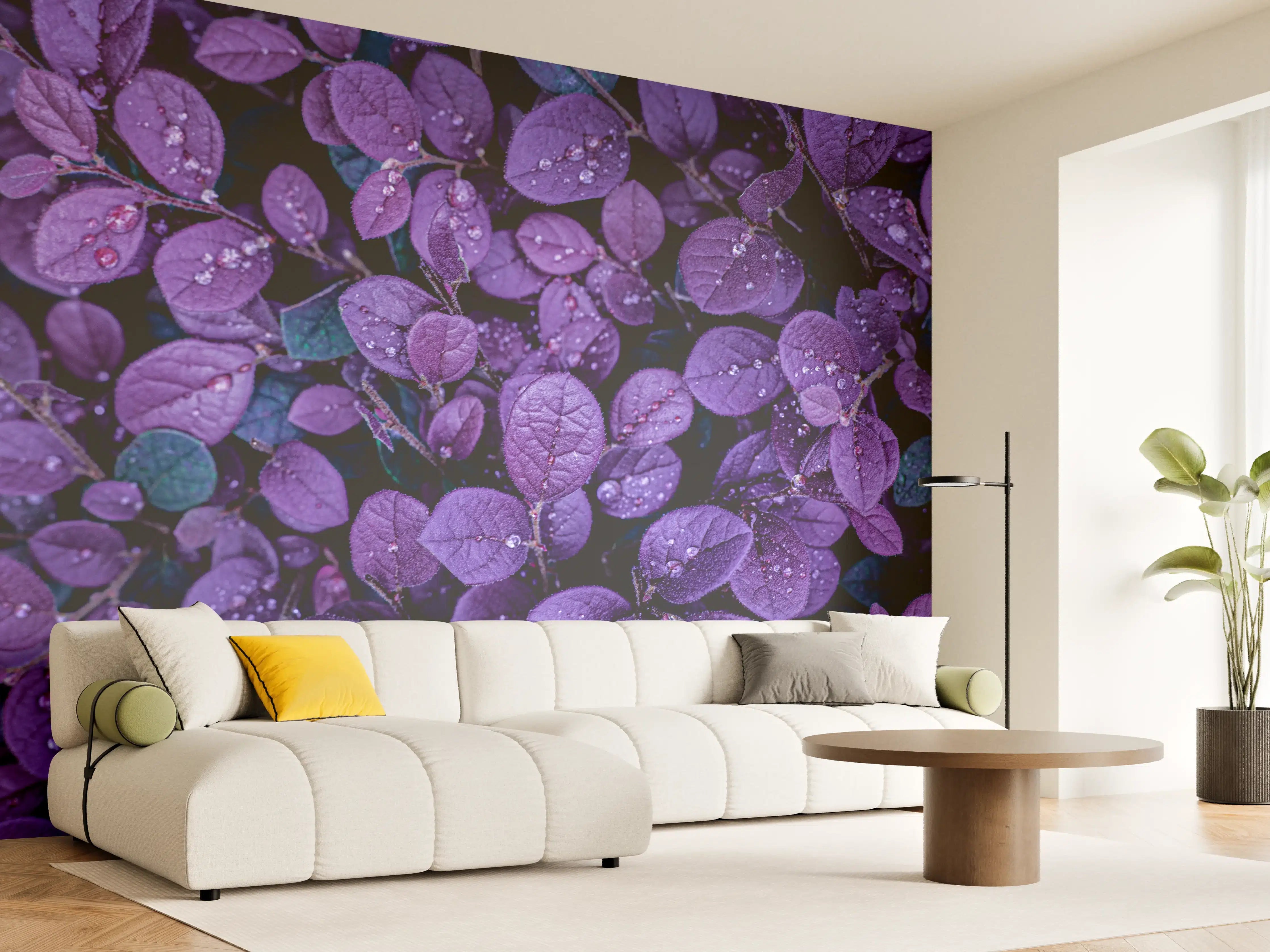 Wandverkleidung Wohnzimmer - Violet Leaves with Water Droplets