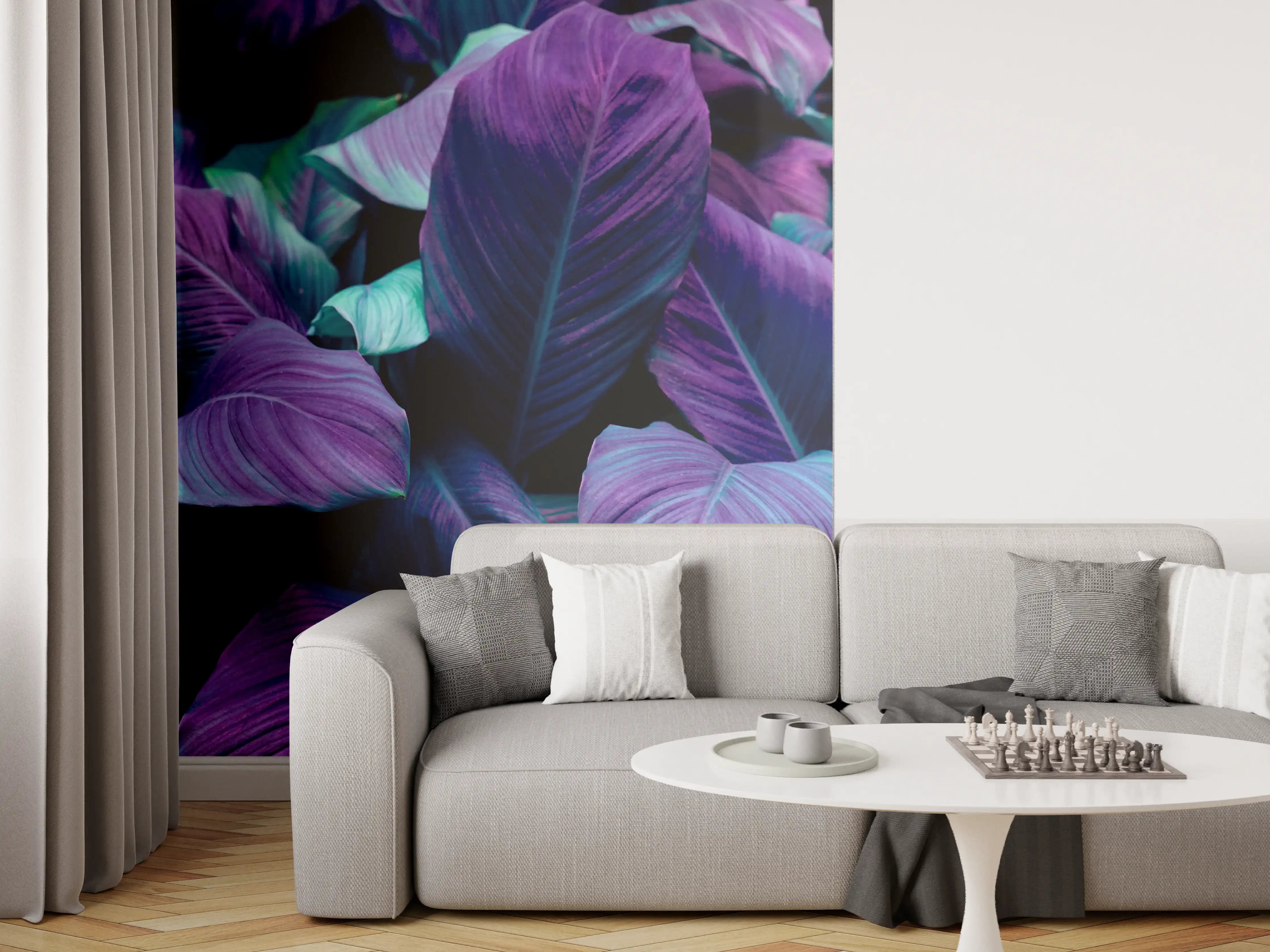 Wandverkleidung Wohnzimmer - Violette Blätter im Dunkel
