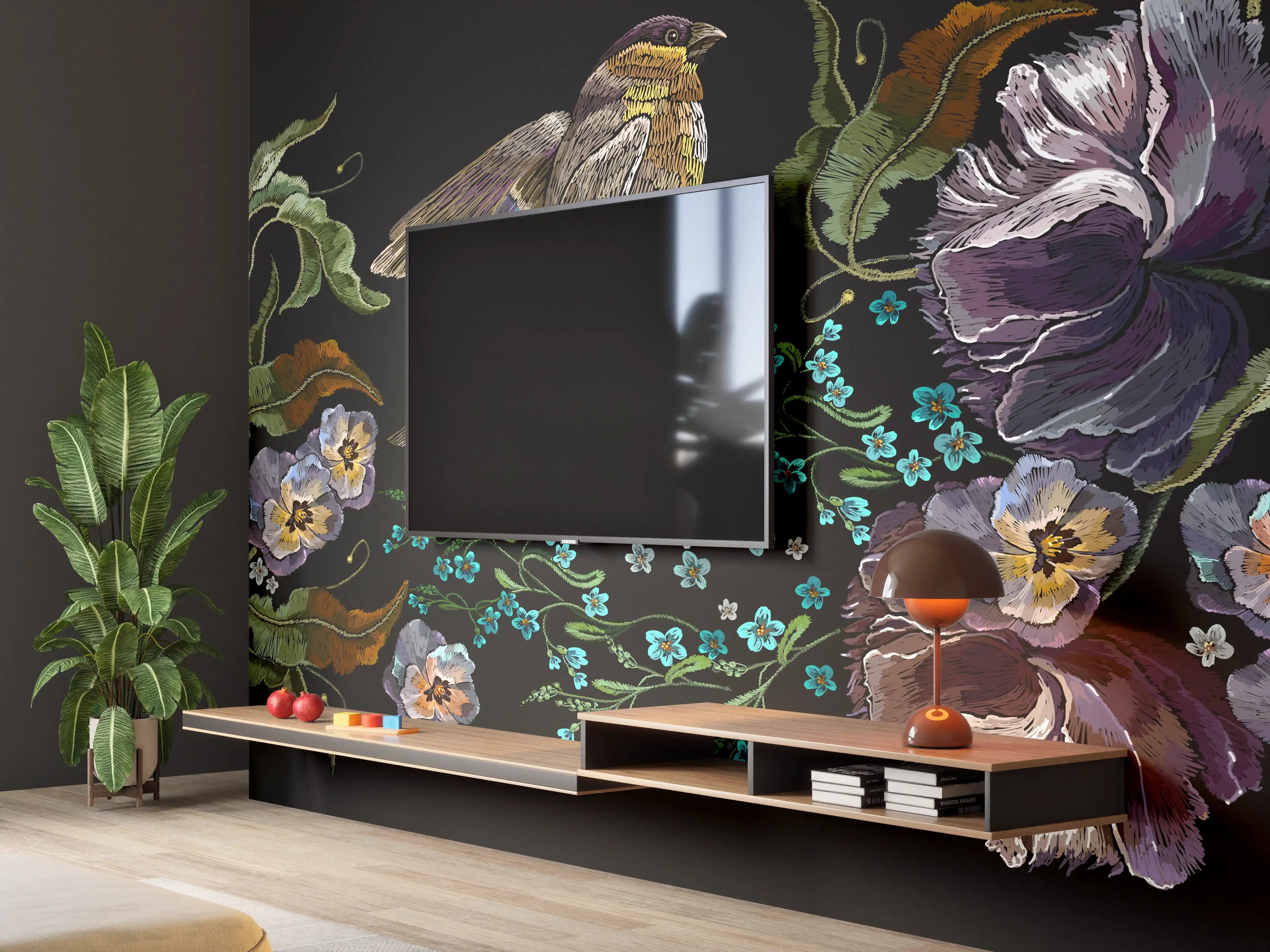 Wandverkleidung Wohnzimmer - Violette Blumen Vogelmuster Stickerei