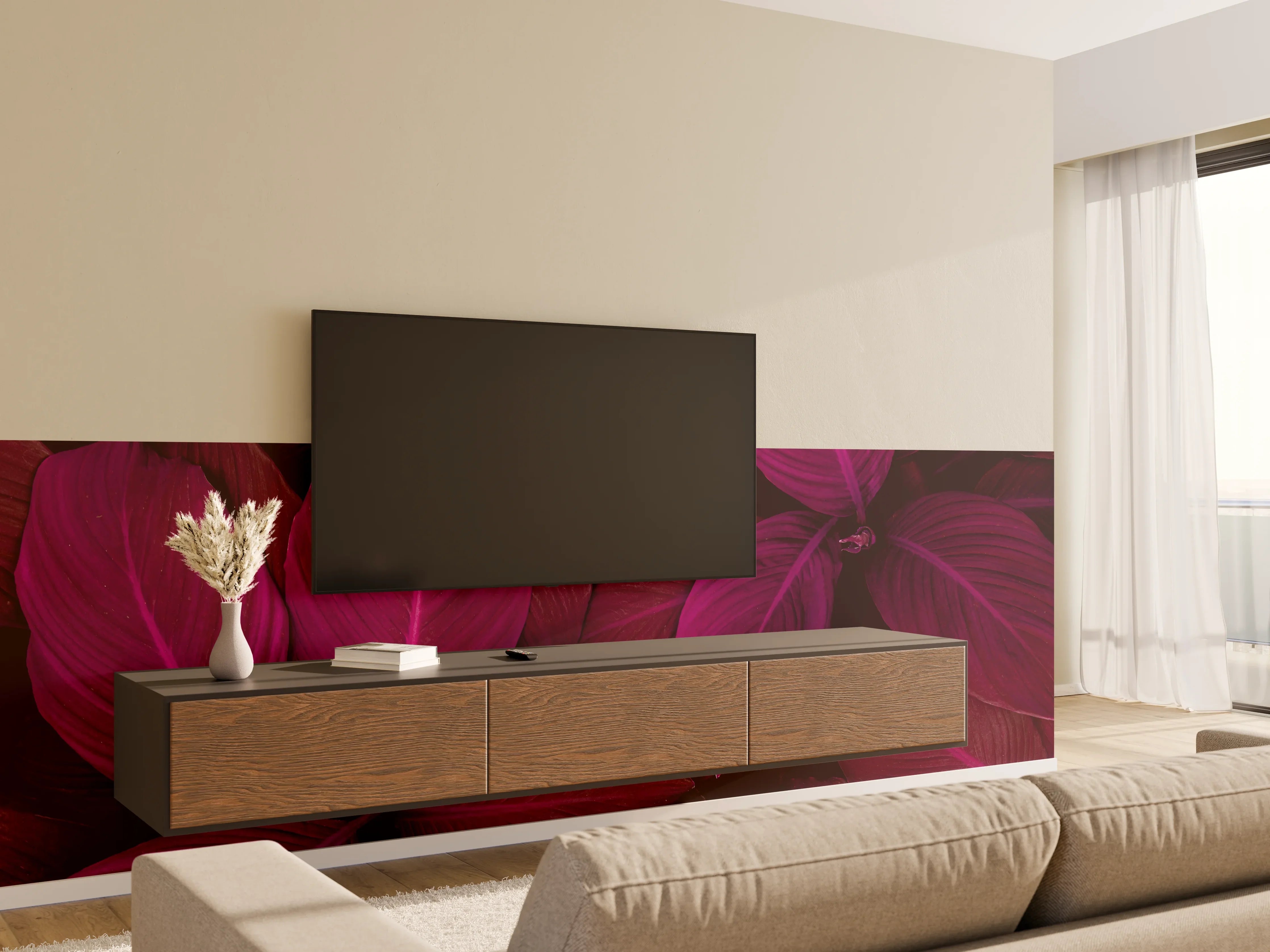 Wandverkleidung Wohnzimmer - Violette Blumenblätter in dunklem Hintergrund