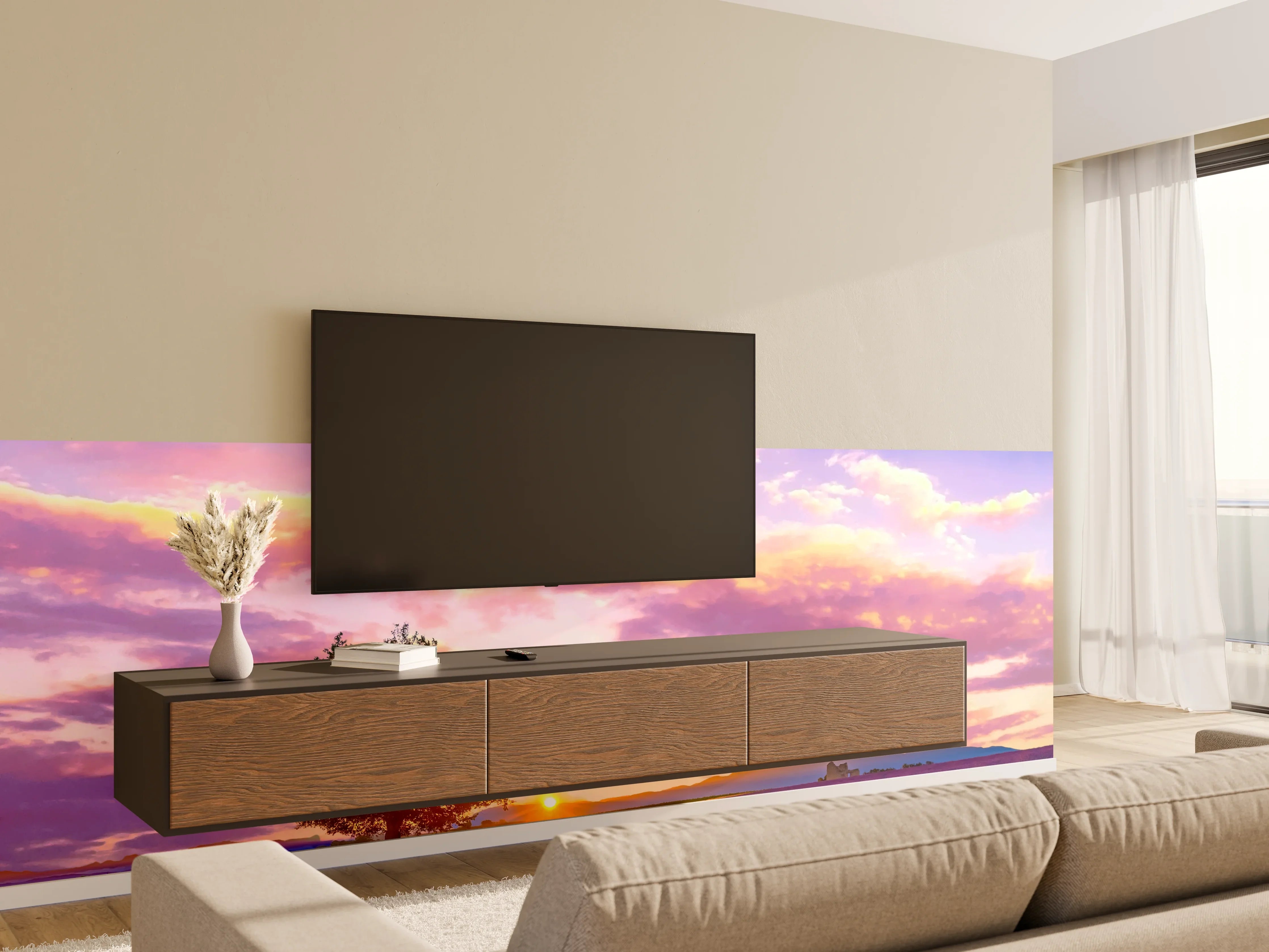Wandverkleidung Wohnzimmer - Violette Lavendelfelder im Sonnenuntergang