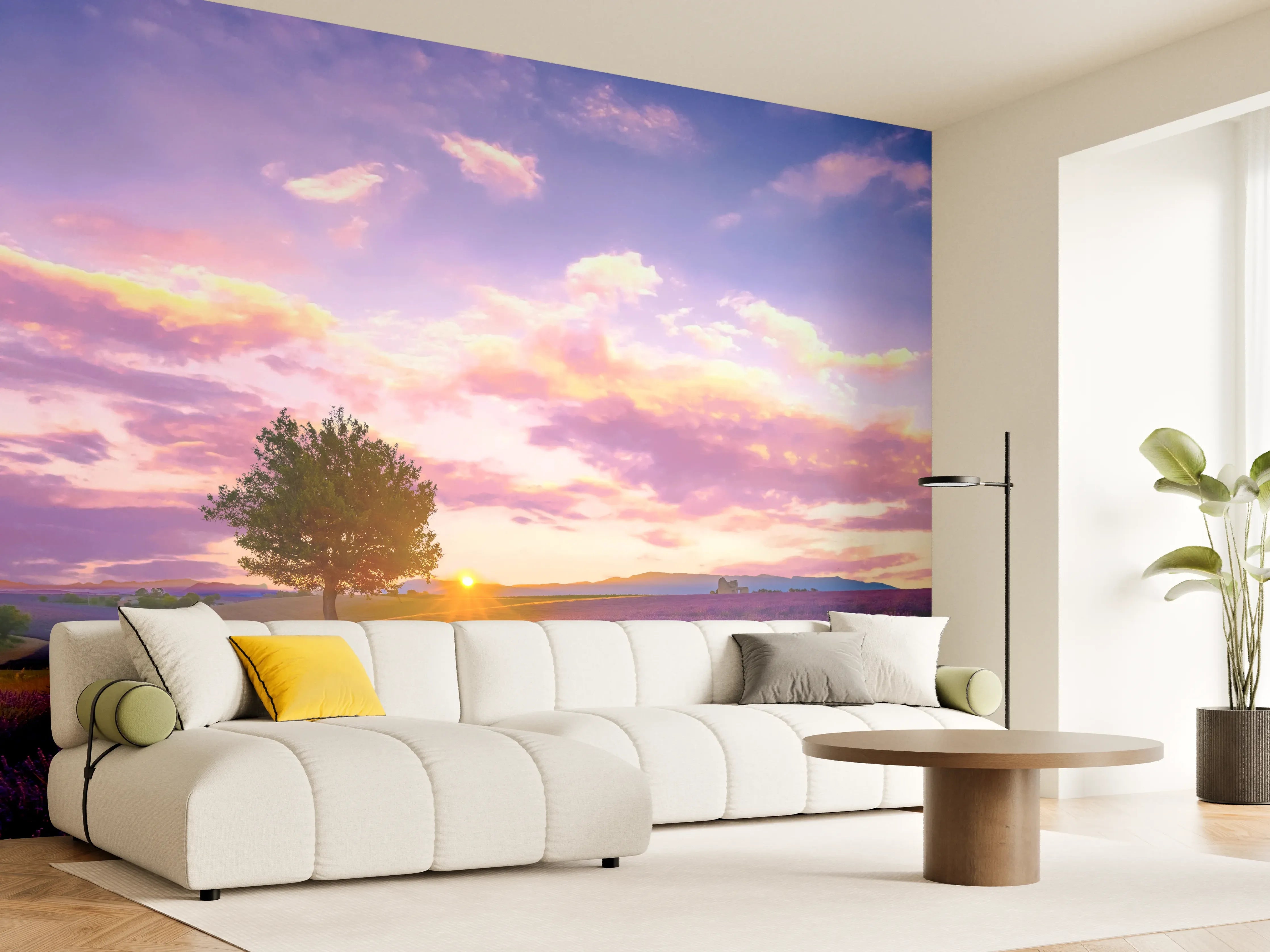 Wandverkleidung Wohnzimmer - Violette Lavendelfelder im Sonnenuntergang
