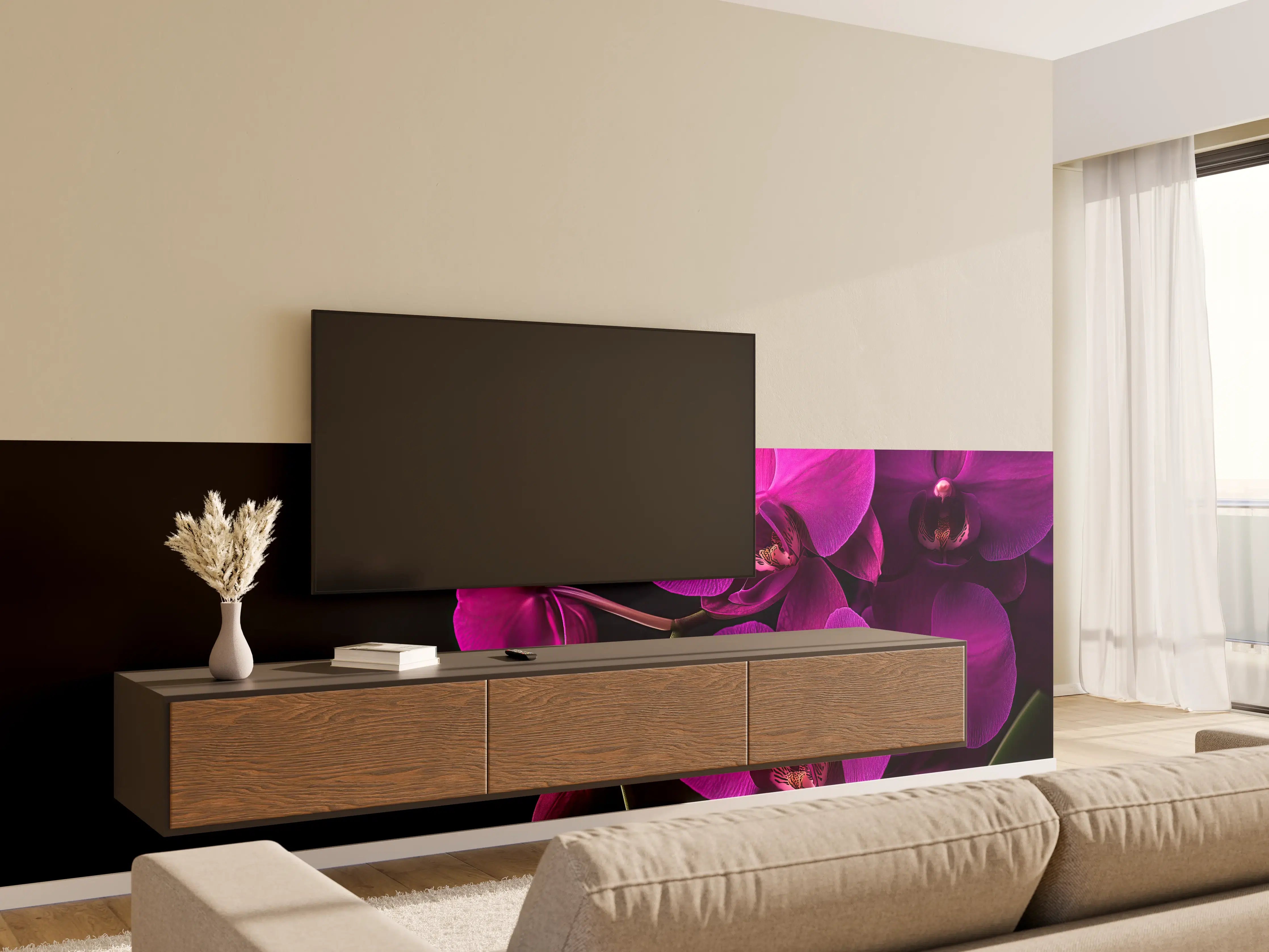 Wandverkleidung Wohnzimmer - Violette Orchideen auf Schwarz