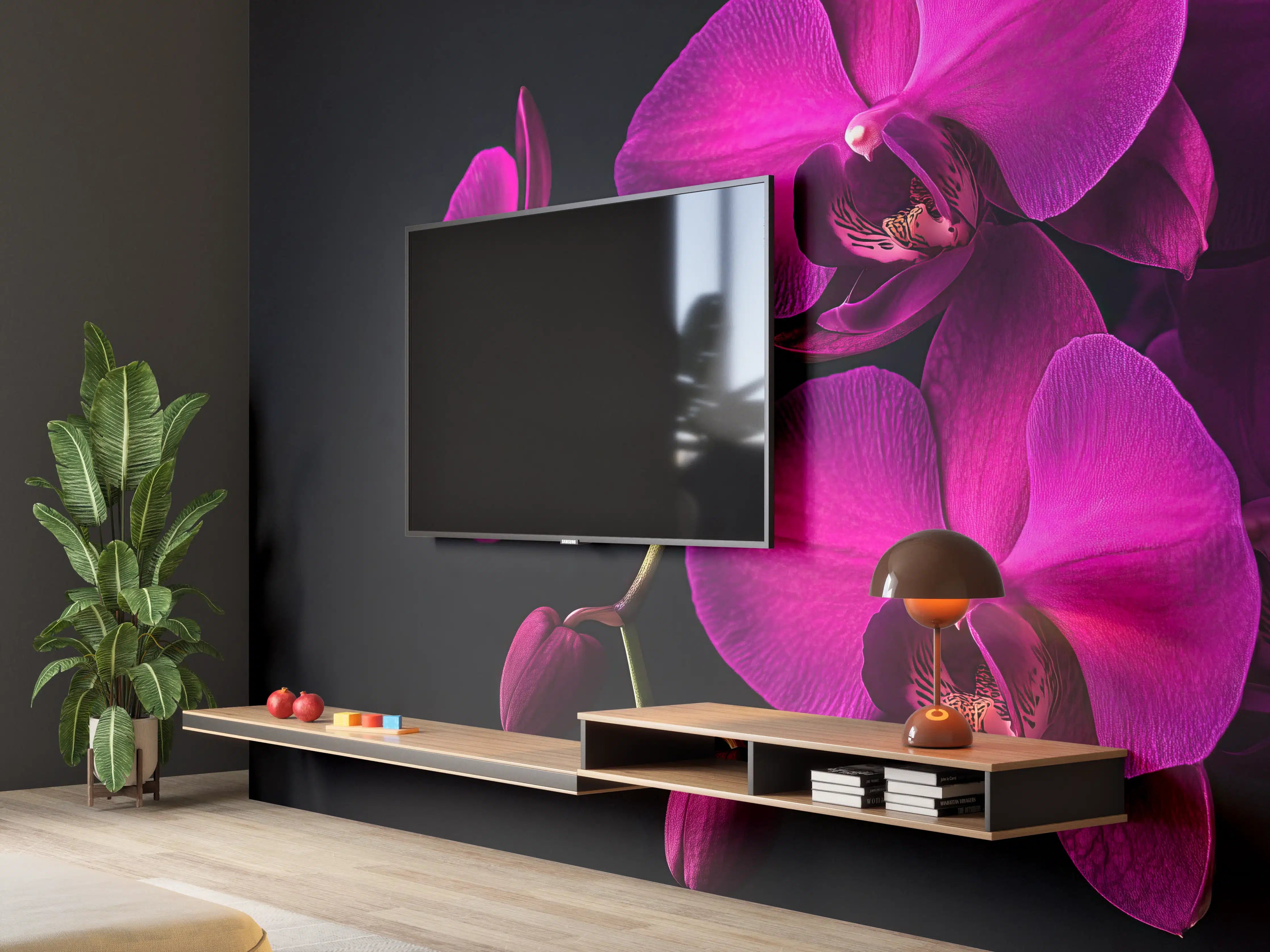 Wandverkleidung Wohnzimmer - Violette Orchideen auf Schwarz