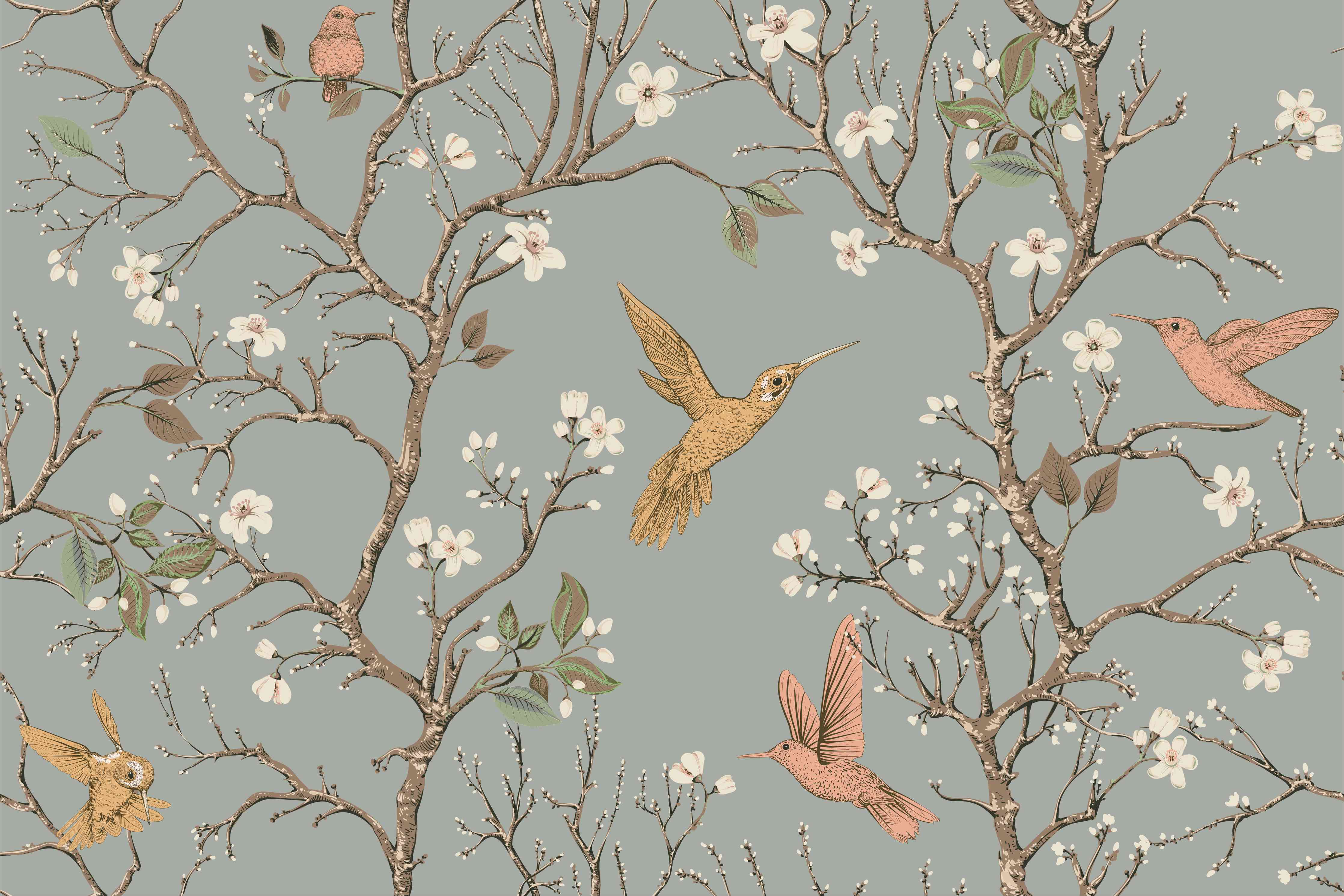 Wandverkleidung Wohnzimmer-Vögel & Blütenzweige Muster