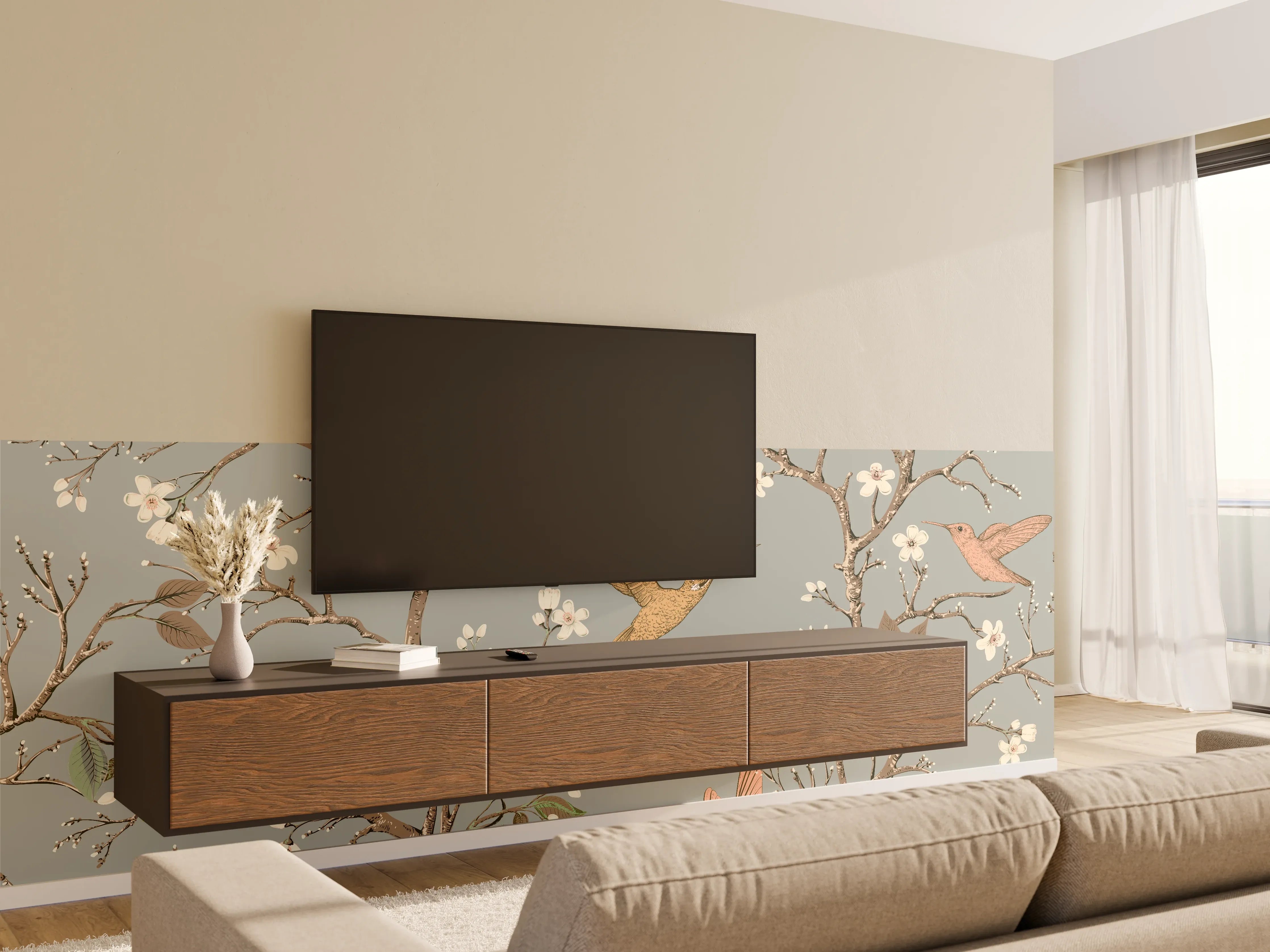 Wandverkleidung Wohnzimmer - Vögel & Blütenzweige Muster