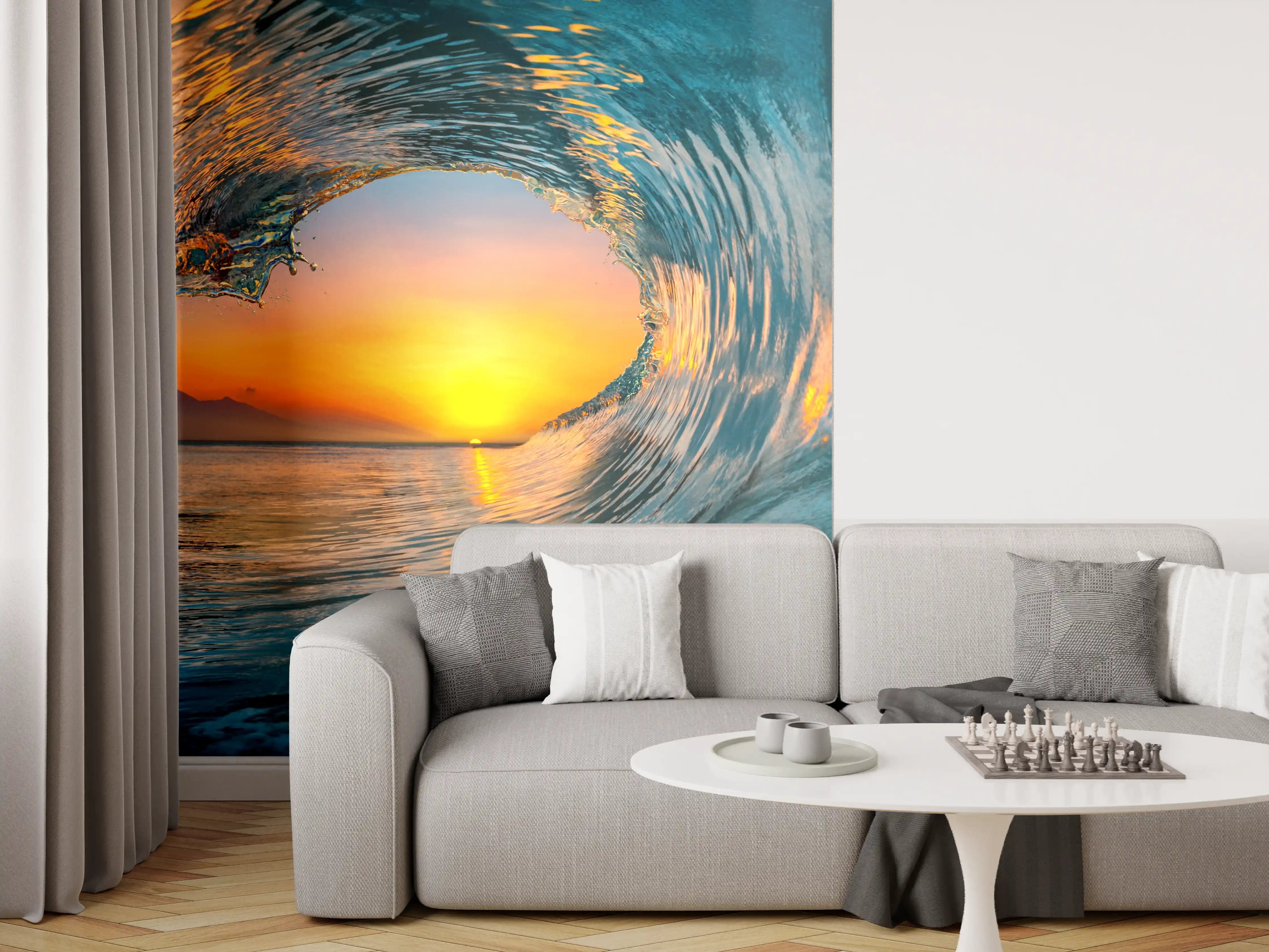 Wandverkleidung Wohnzimmer - Vogelperspektive auf Sonnenuntergang über dem Meer