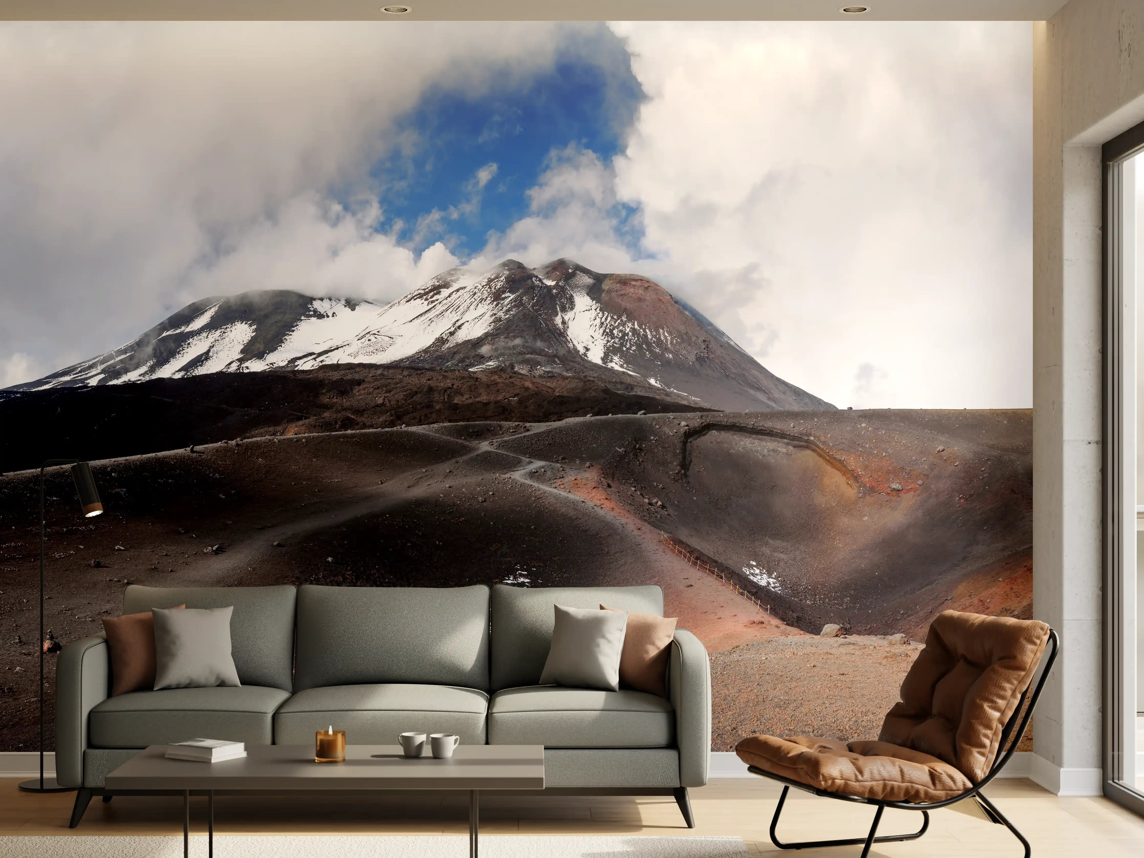 Wandverkleidung Wohnzimmer - Vulkan-Panorama Braun-Grau-Blau