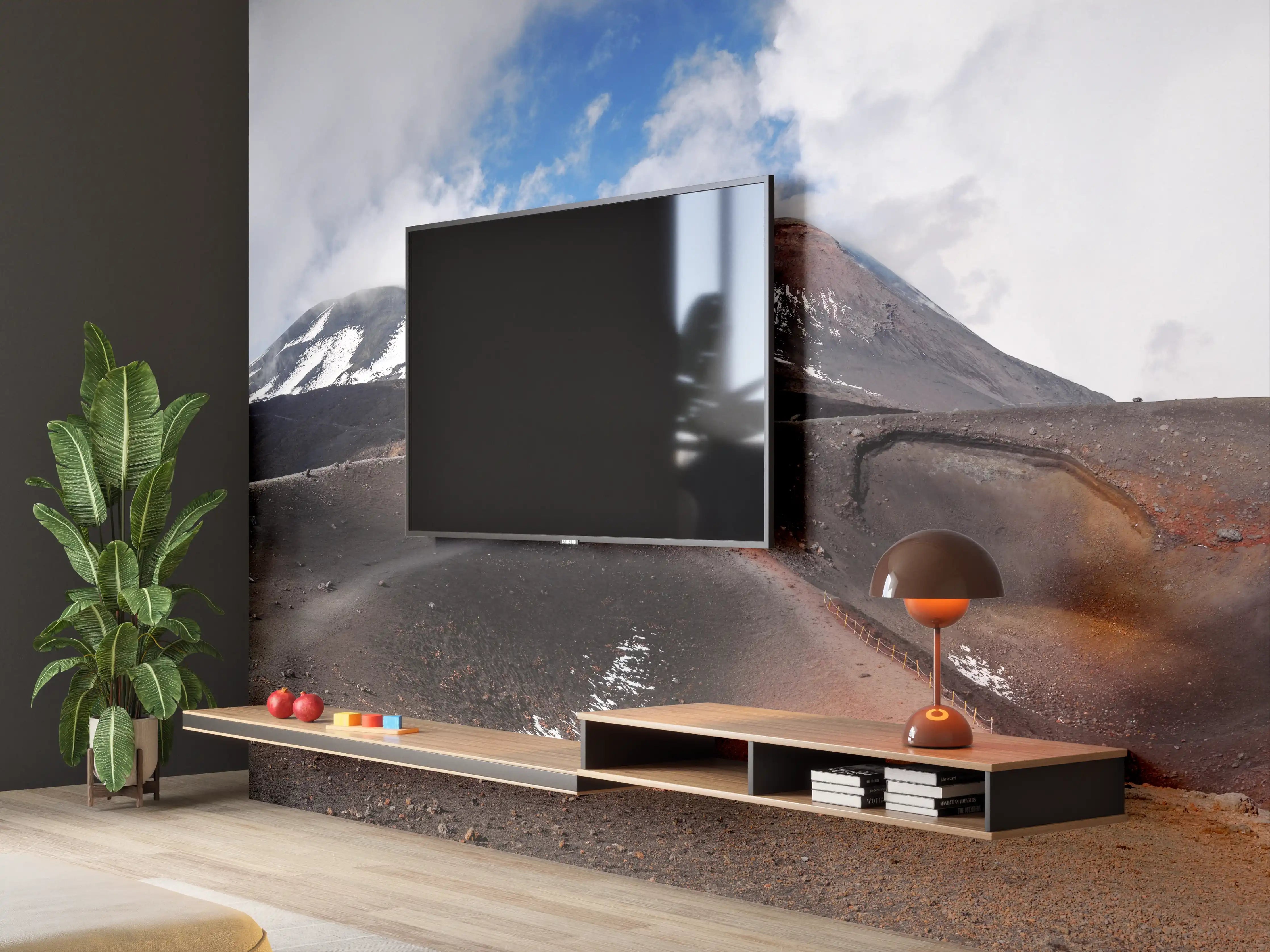 Wandverkleidung Wohnzimmer - Vulkan-Panorama Braun-Grau-Blau