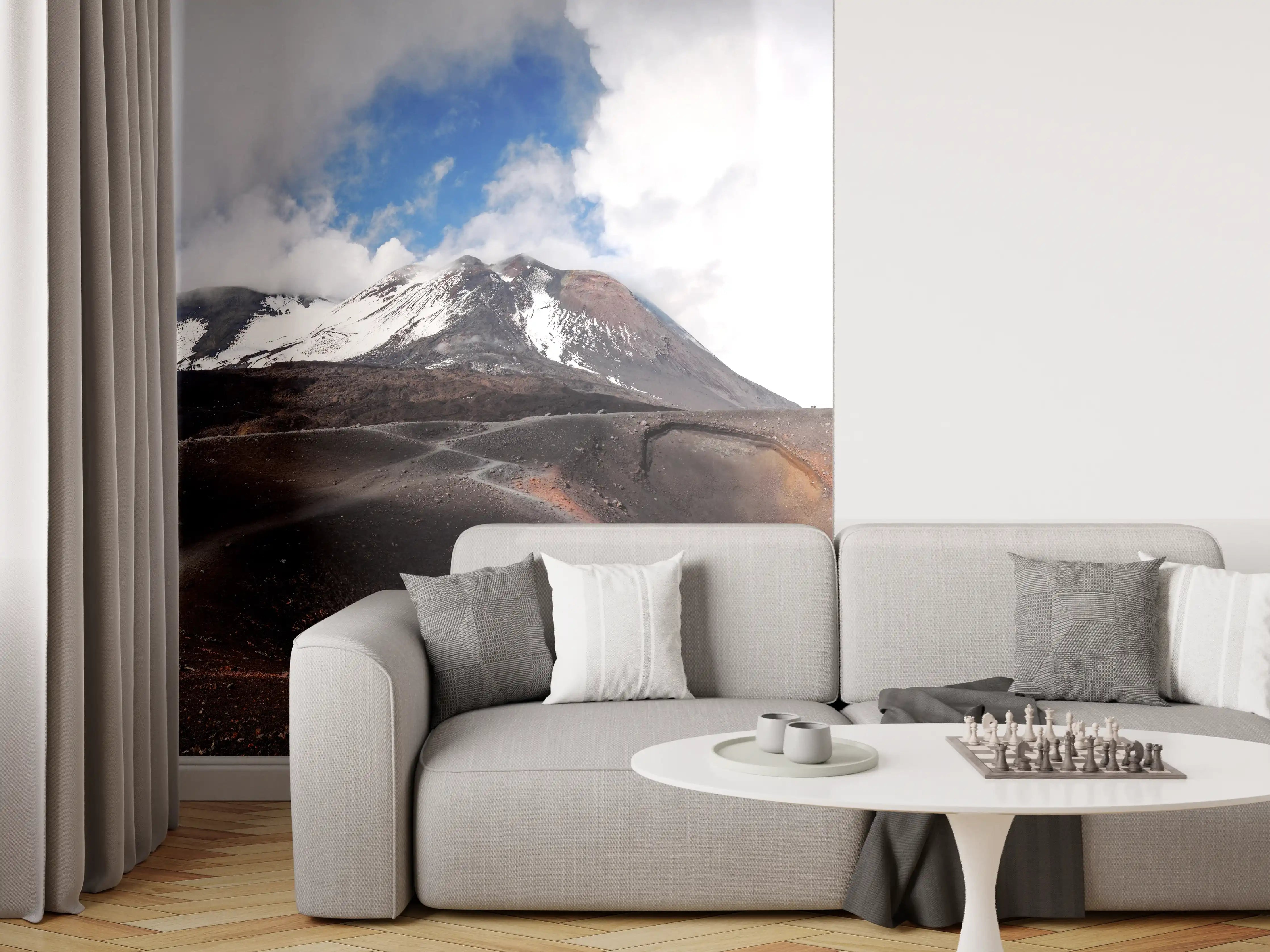 Wandverkleidung Wohnzimmer - Vulkan-Panorama Braun-Grau-Blau
