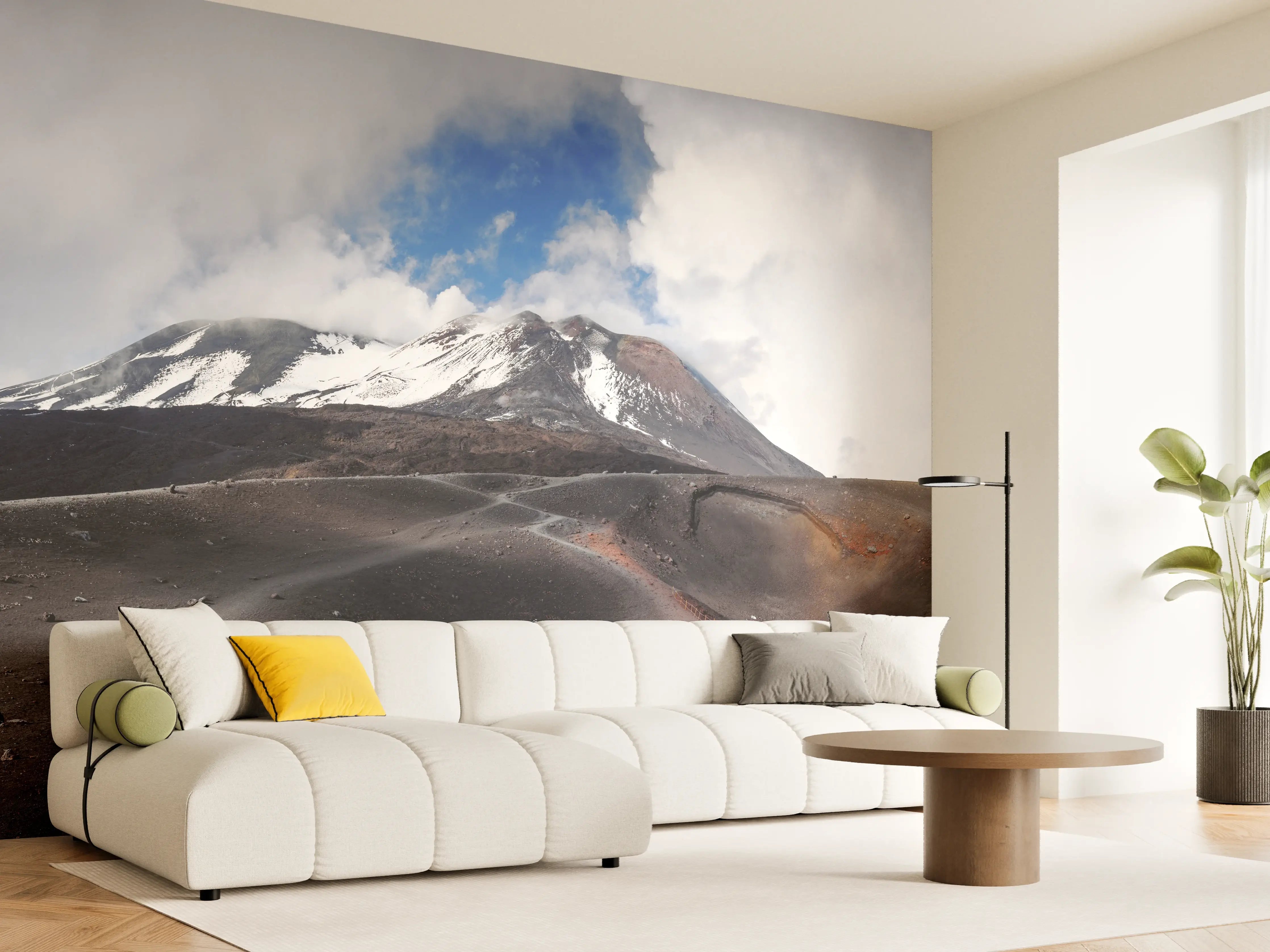 Wandverkleidung Wohnzimmer - Vulkan-Panorama Braun-Grau-Blau