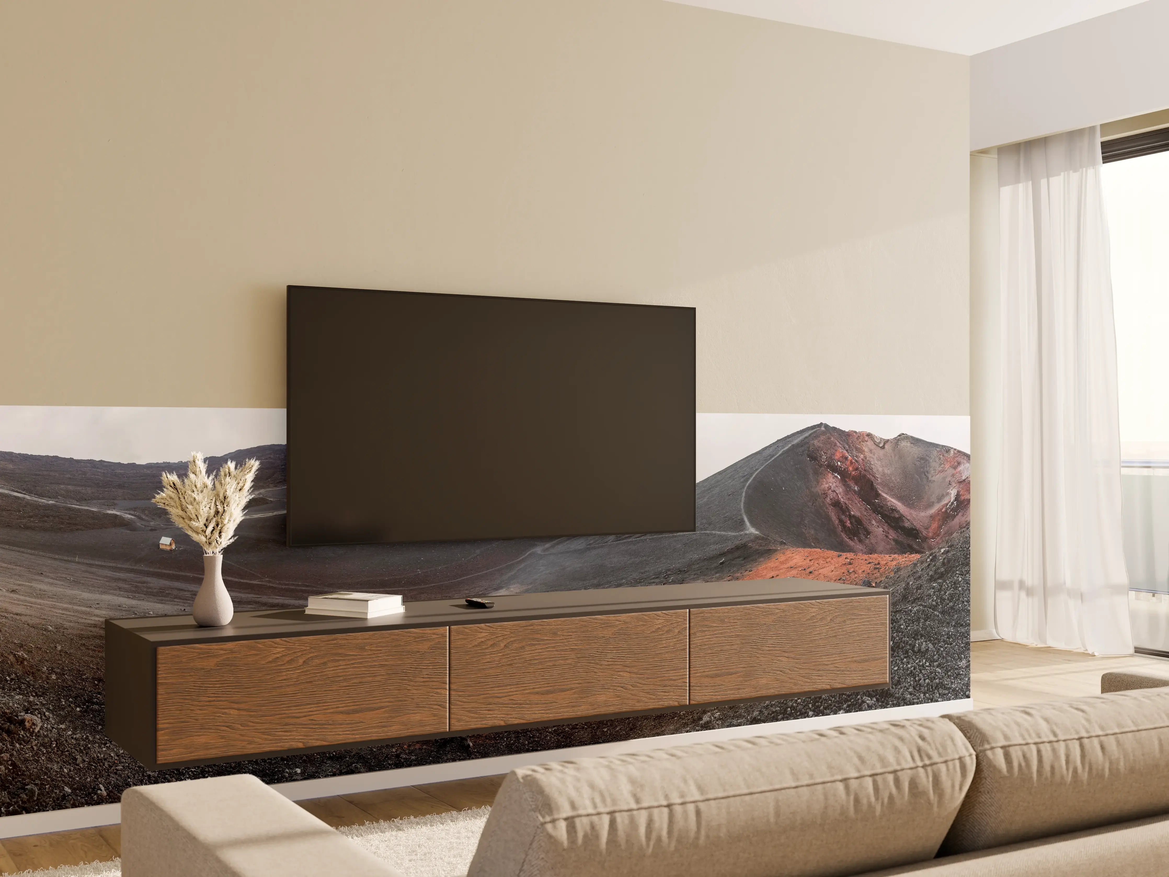 Wandverkleidung Wohnzimmer - Vulkankrater Schwarz-Grau-Orange Panorama