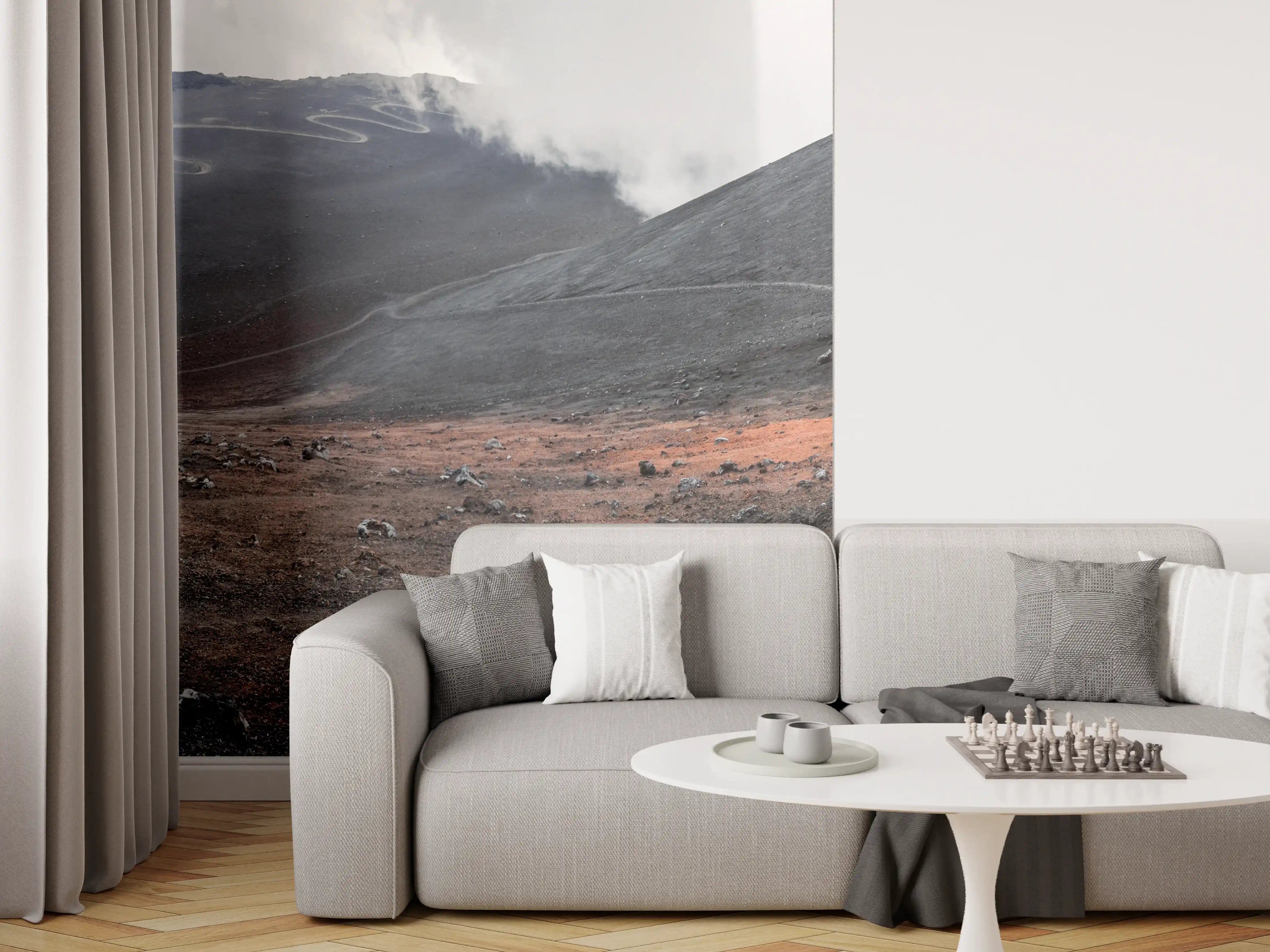 Wandverkleidung Wohnzimmer - Vulkankrater Schwarz-Grau-Orange Panorama