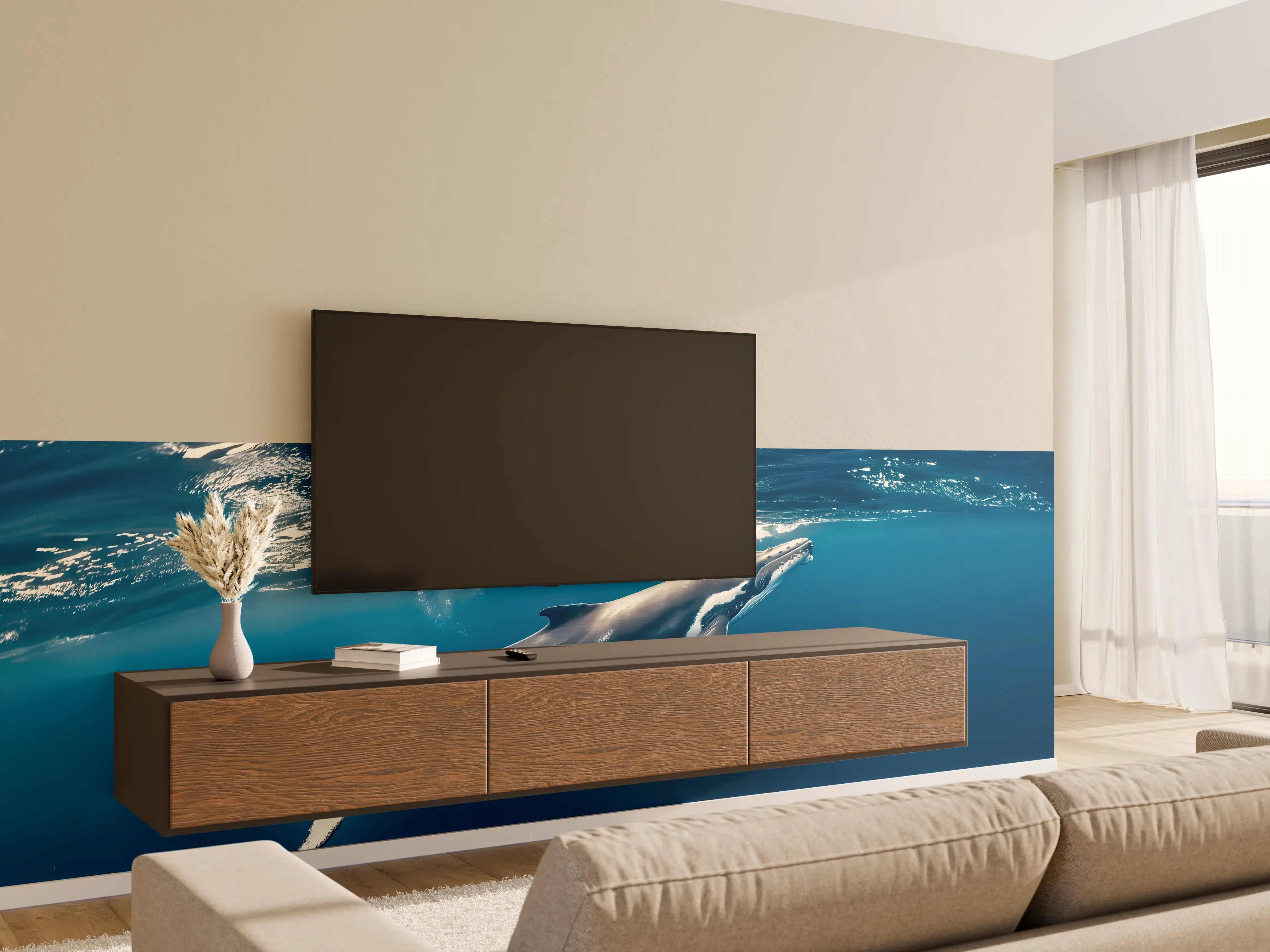 Wandverkleidung Wohnzimmer - Wal im blauen Ozean