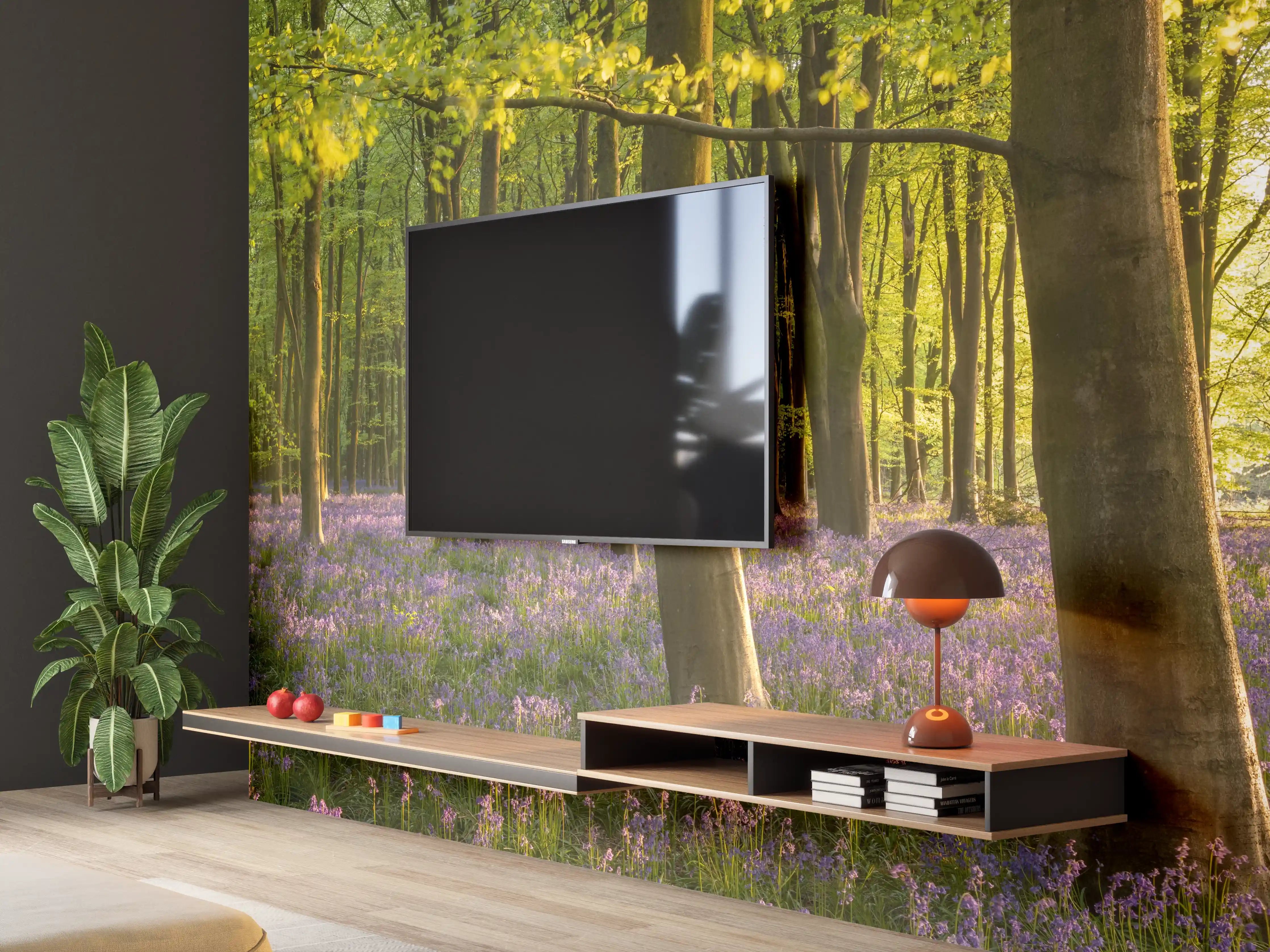 Wandverkleidung Wohnzimmer - Wald im Frühling mit blühendem Flieder