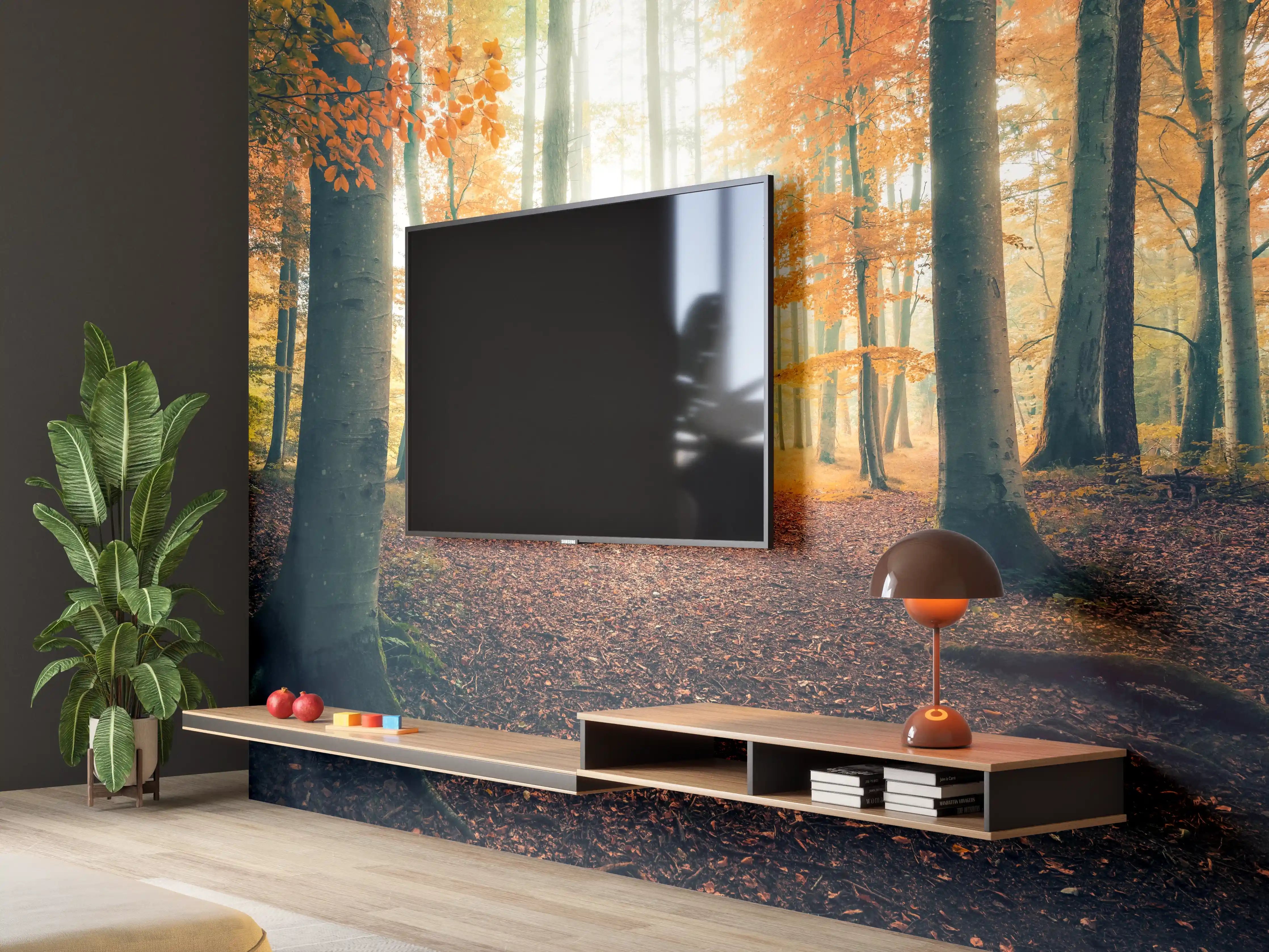 Wandverkleidung Wohnzimmer - Wald im Goldlicht der Herbstsonne