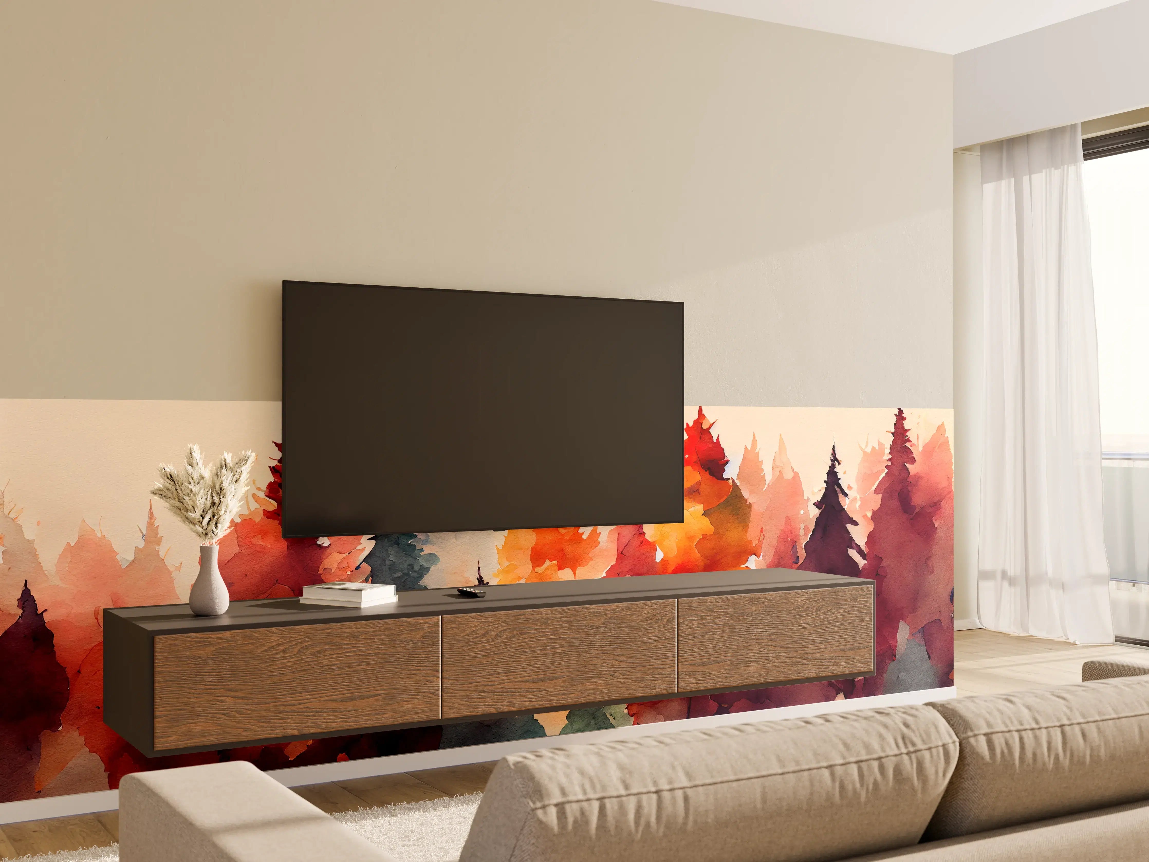 Wandverkleidung Wohnzimmer - Waldlandschaft im Herbst - Wasserfarbenkunst