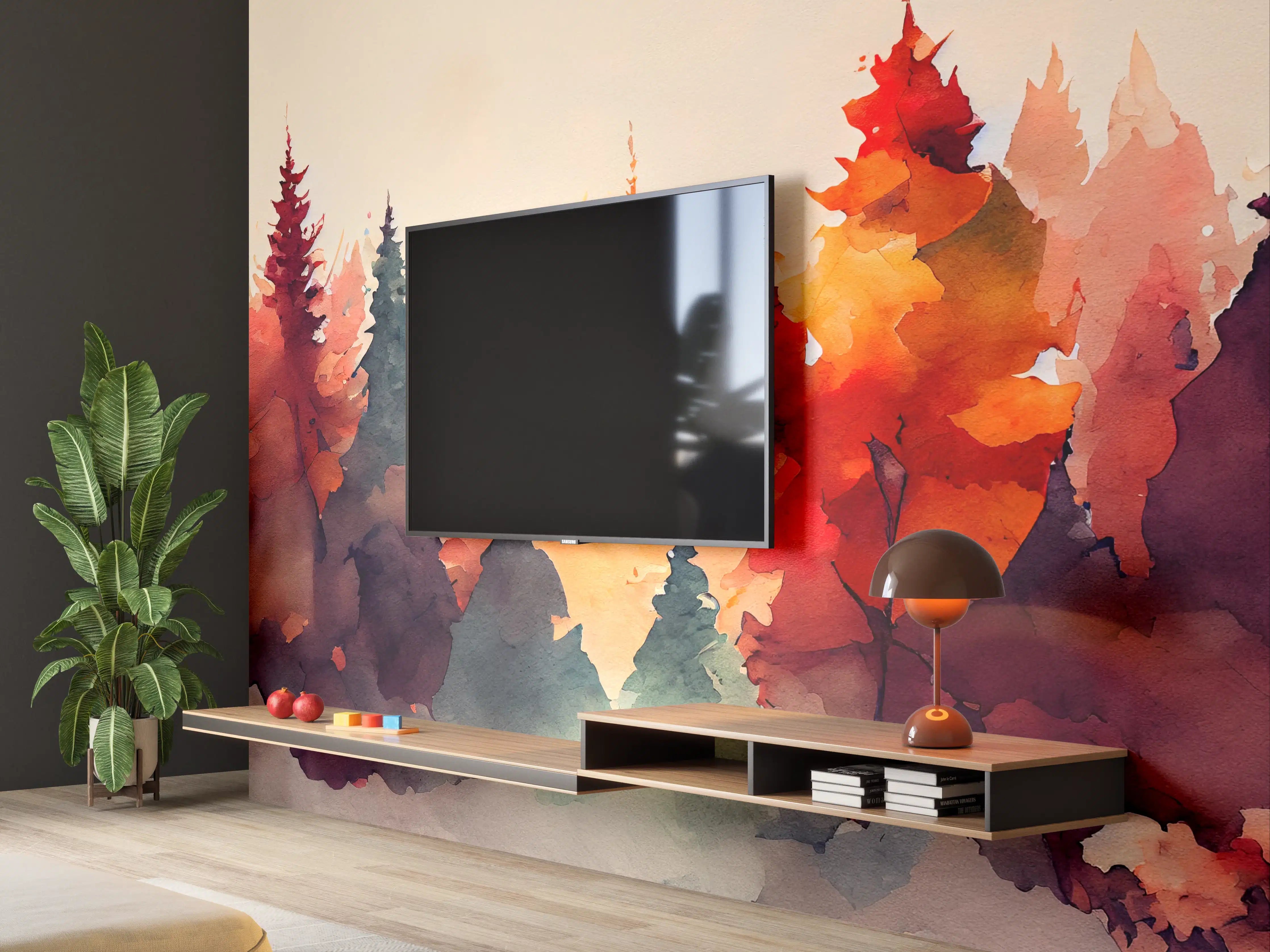 Wandverkleidung Wohnzimmer - Waldlandschaft im Herbst - Wasserfarbenkunst