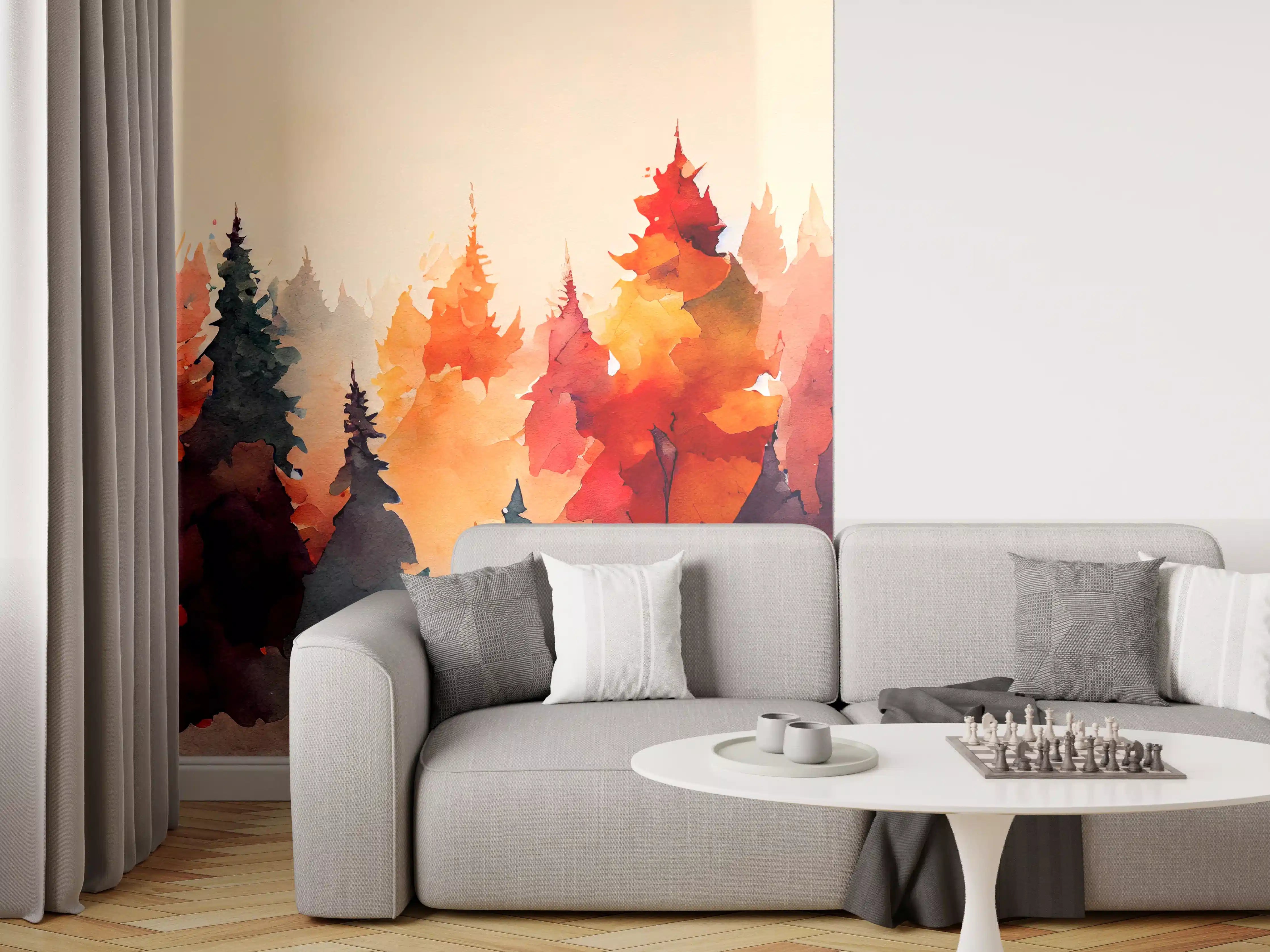 Wandverkleidung Wohnzimmer - Waldlandschaft im Herbst - Wasserfarbenkunst