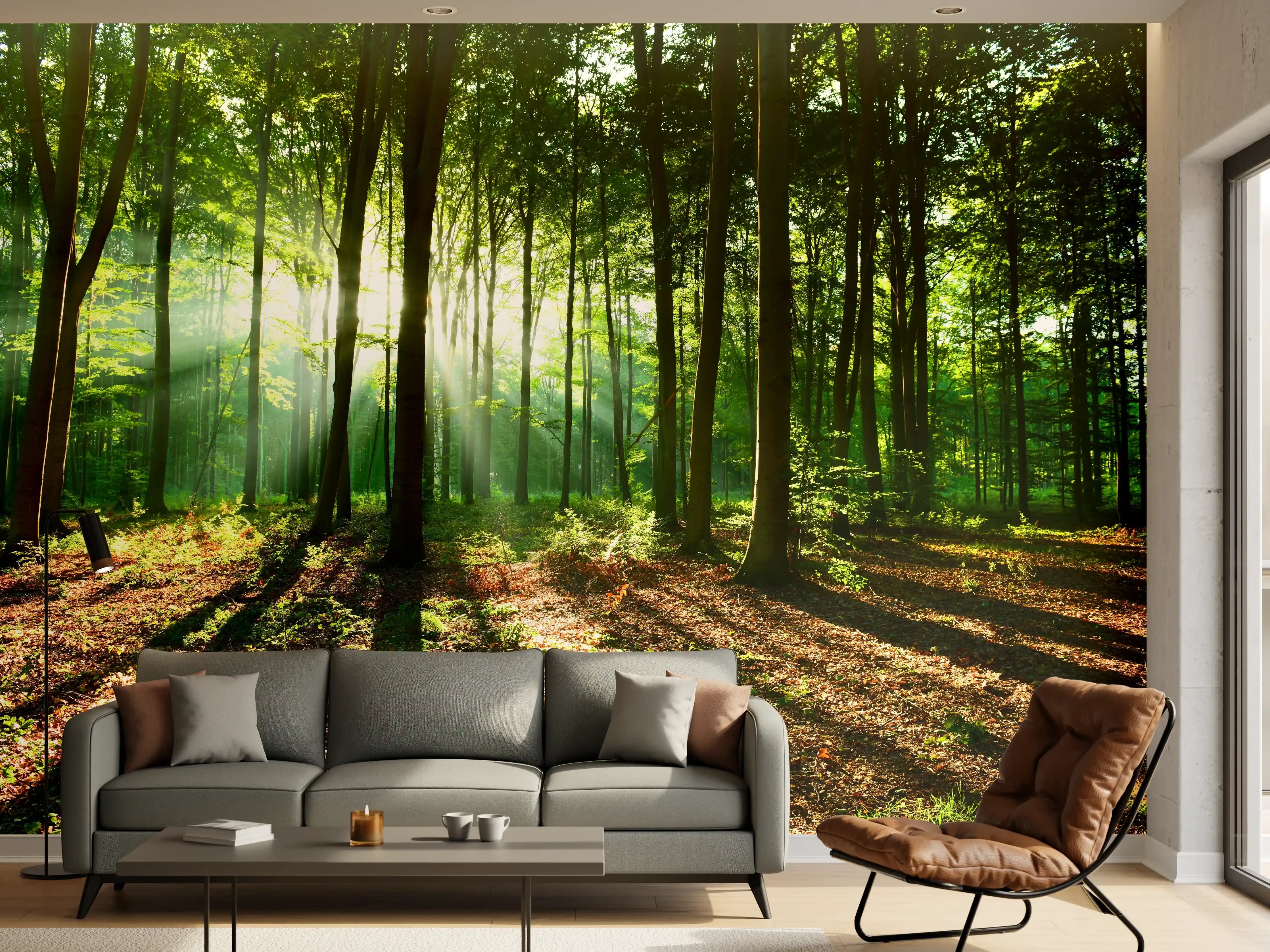 Wandverkleidung Wohnzimmer - Waldliebe im Sonnenlicht