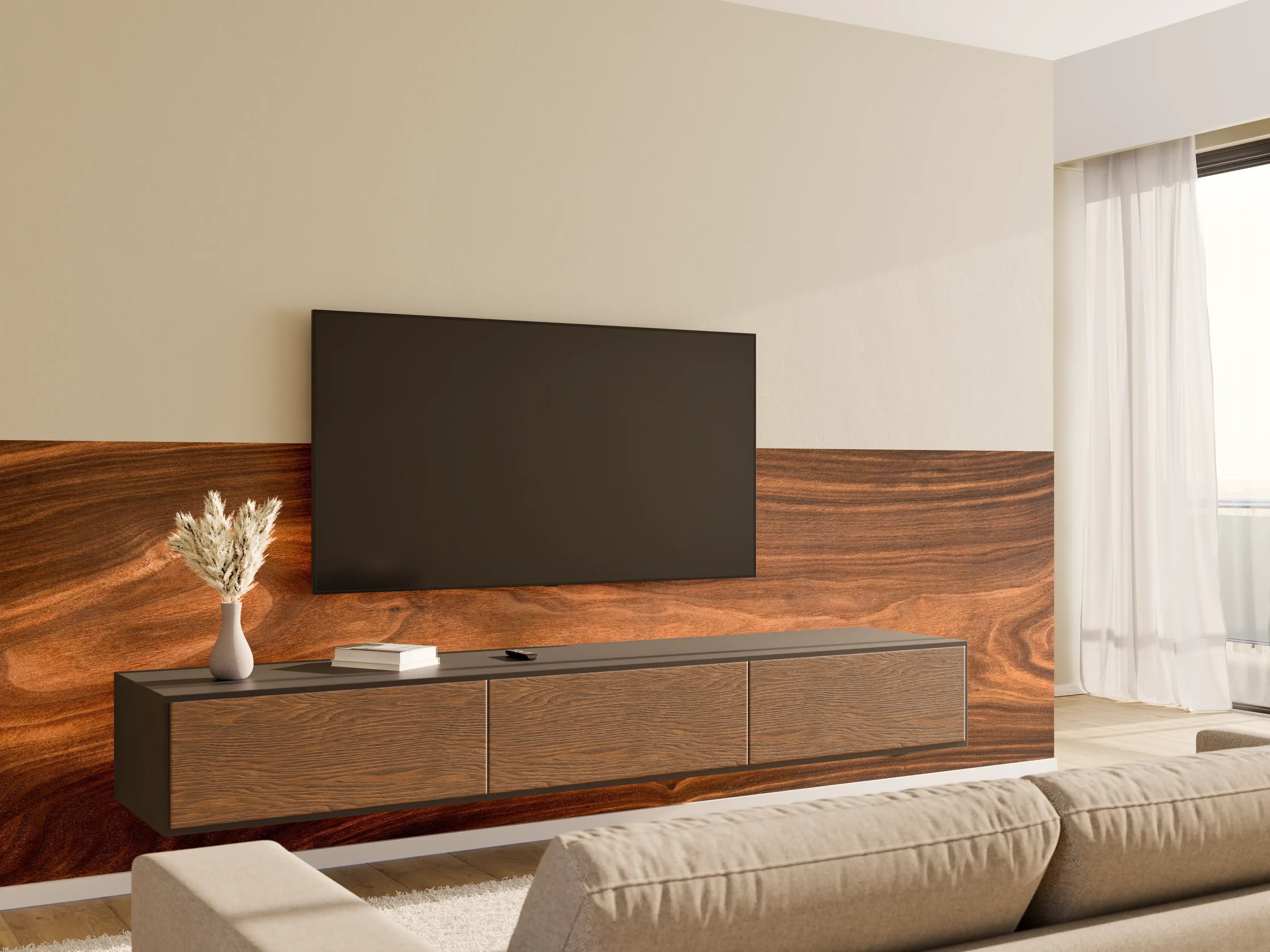 Wandverkleidung Wohnzimmer - Walnussholz