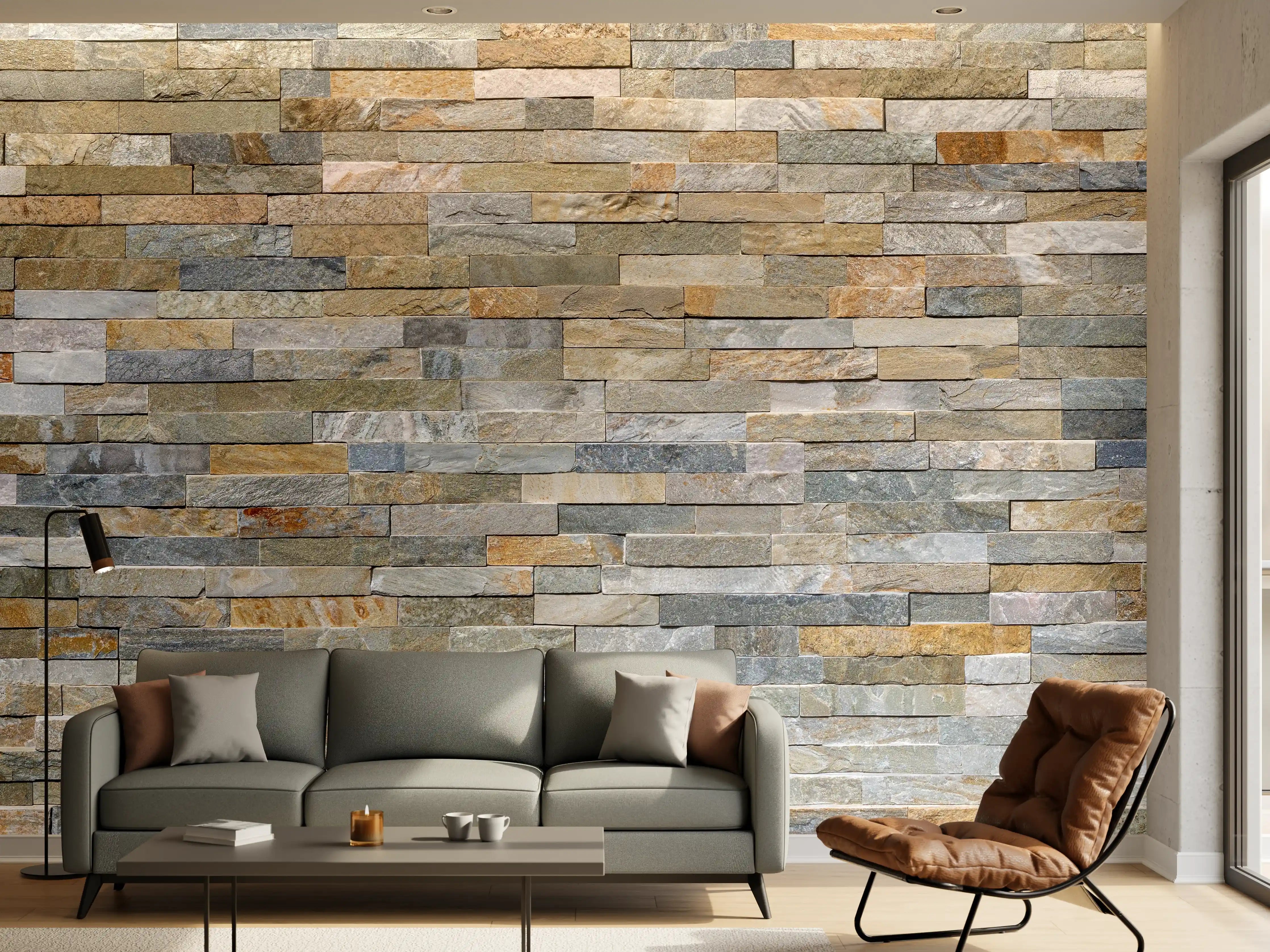 Wandverkleidung Wohnzimmer - Wand aus farbigen Verblendsteinen
