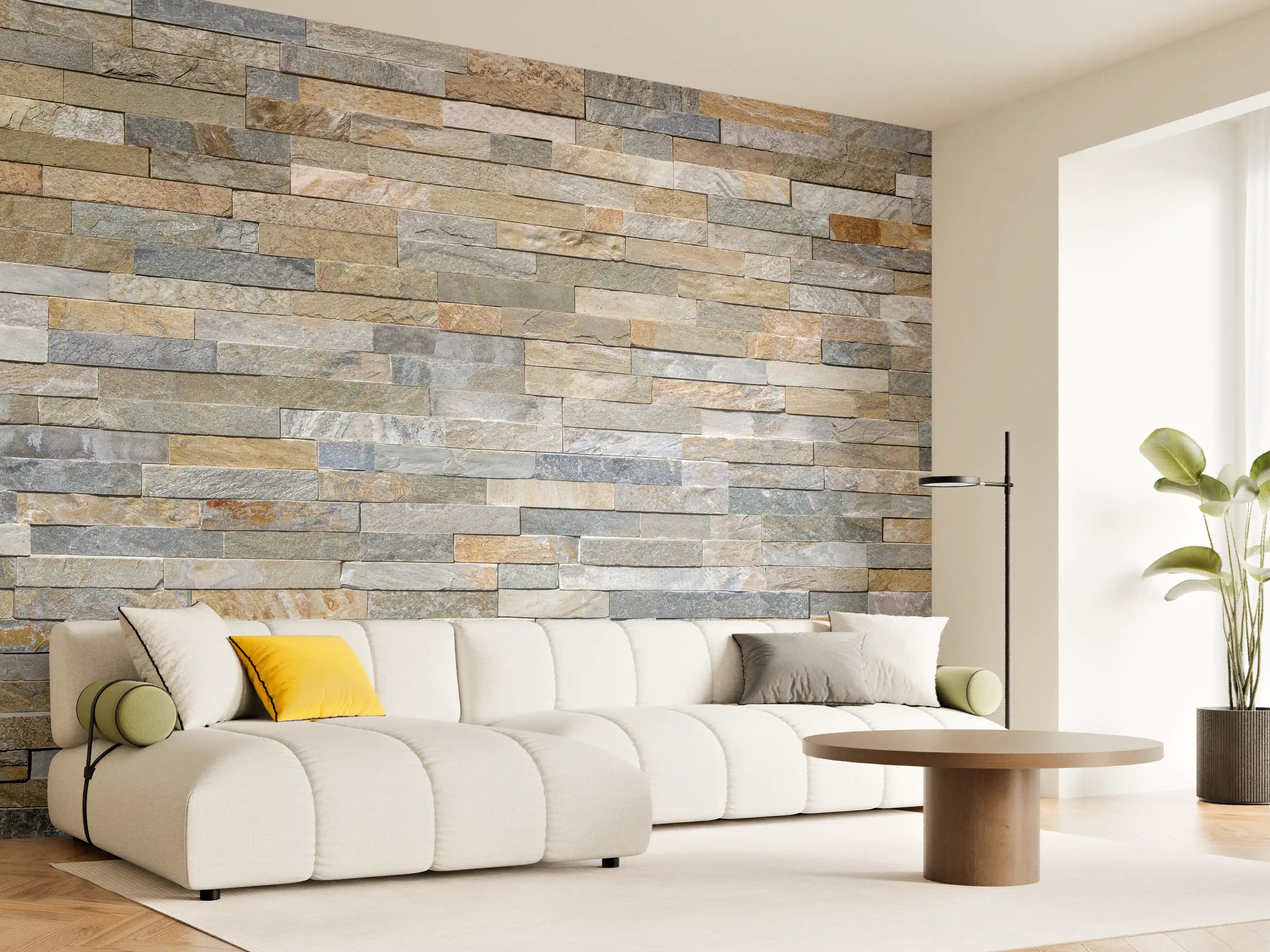 Wandverkleidung Wohnzimmer - Wand aus farbigen Verblendsteinen