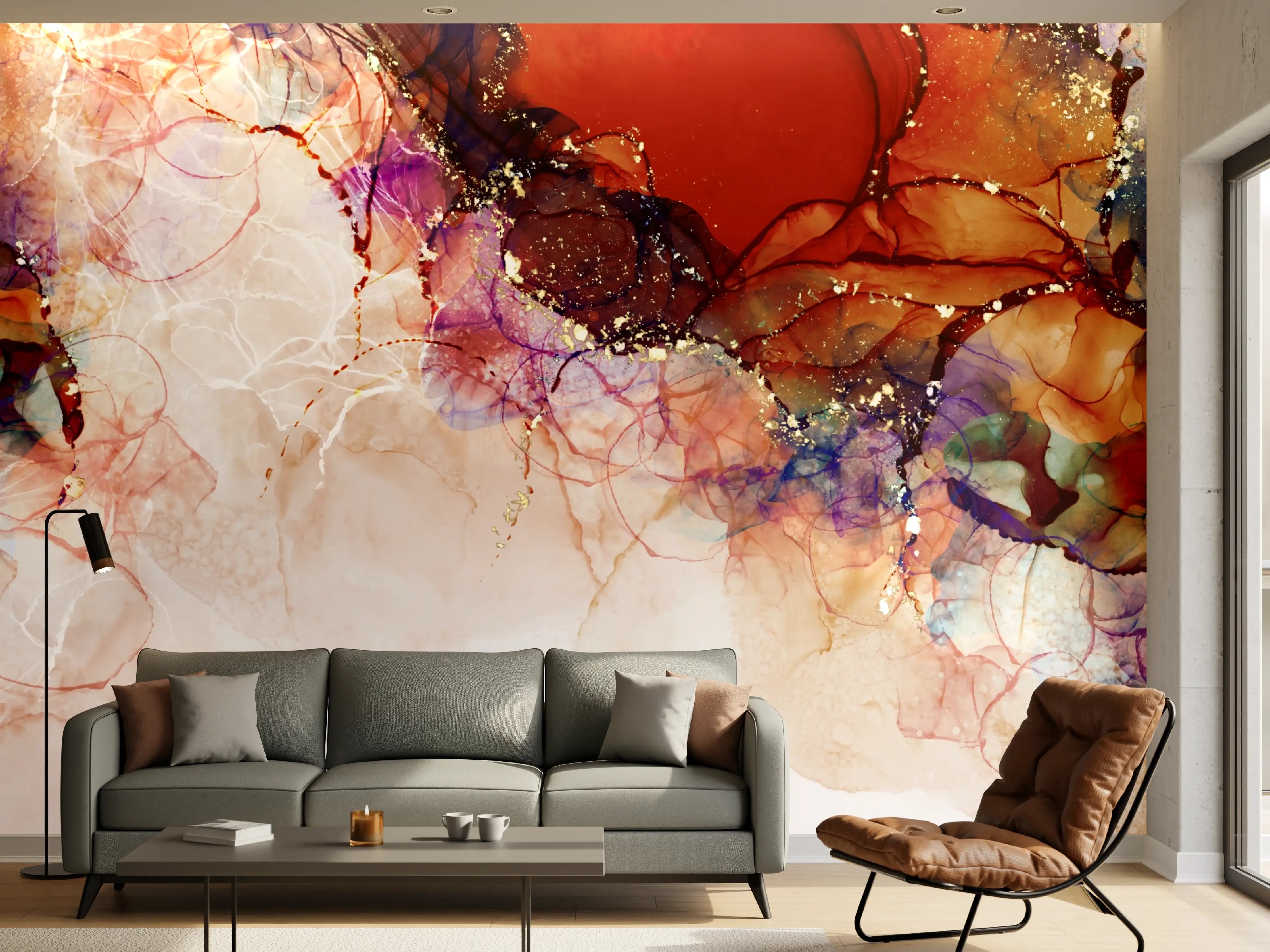 Wandverkleidung Wohnzimmer - Warme Töne und Graunuancen in abstrakter Kunst