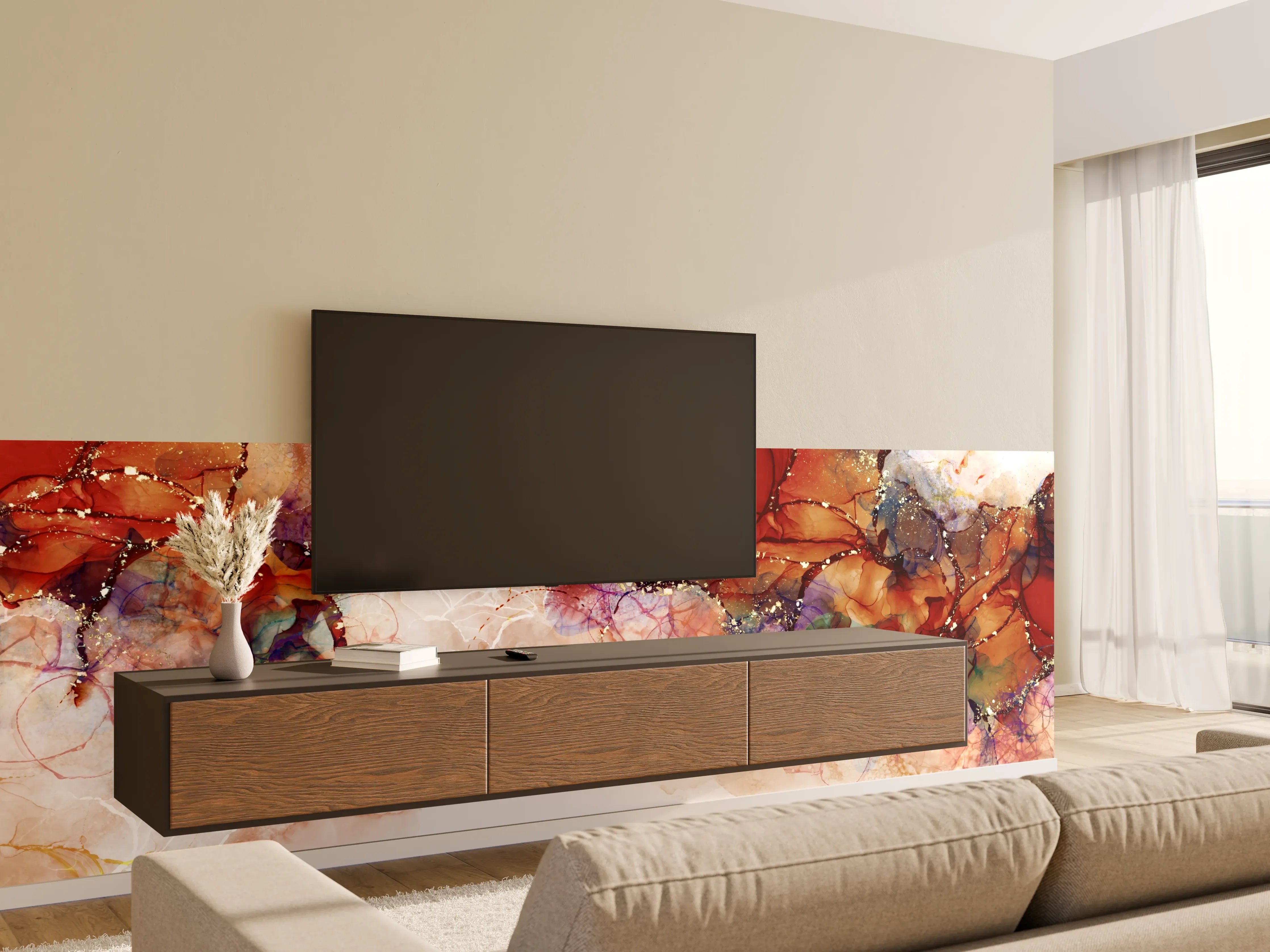 Wandverkleidung Wohnzimmer - Warme Töne und Graunuancen in abstrakter Kunst