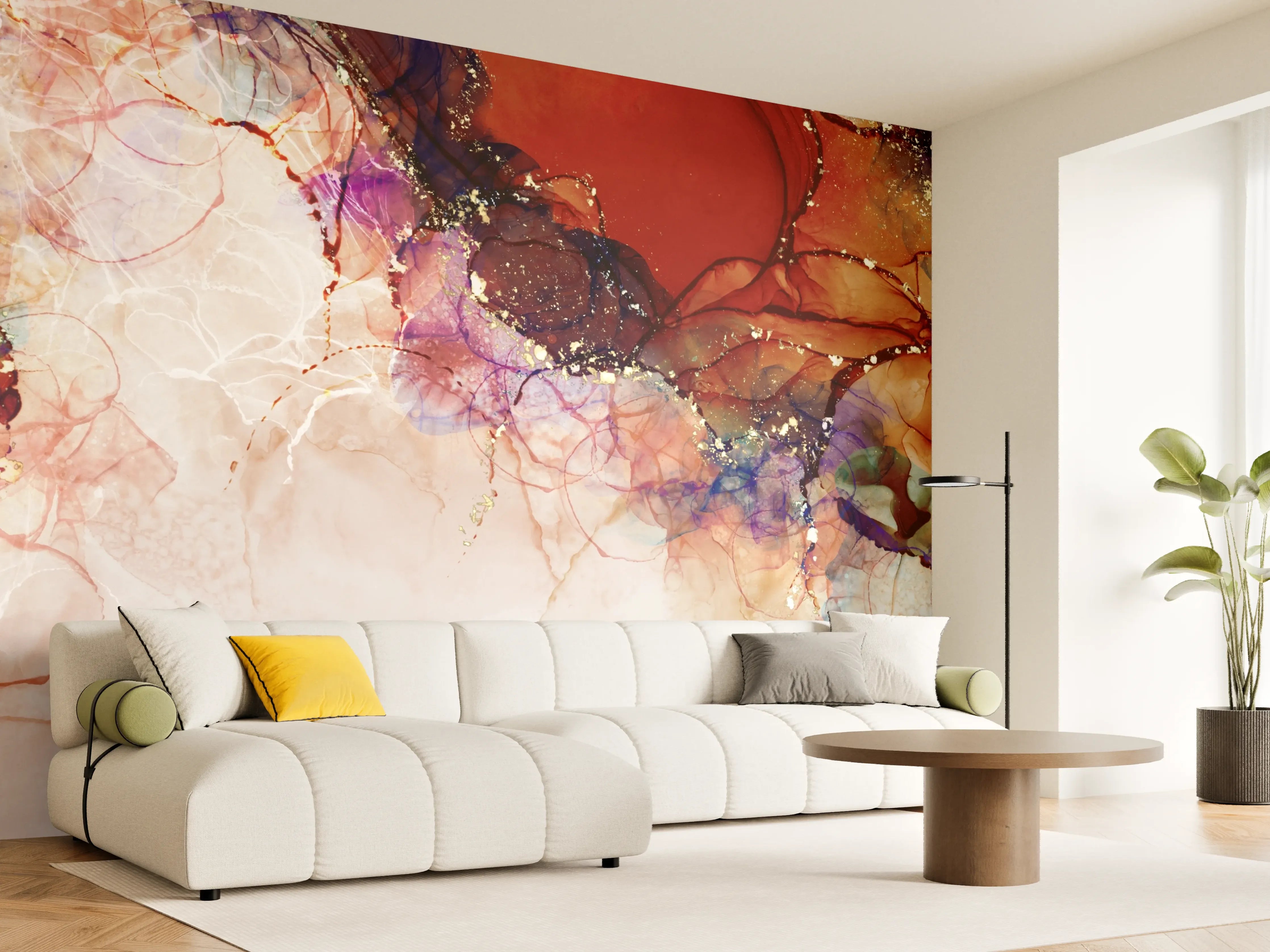 Wandverkleidung Wohnzimmer - Warme Töne und Graunuancen in abstrakter Kunst