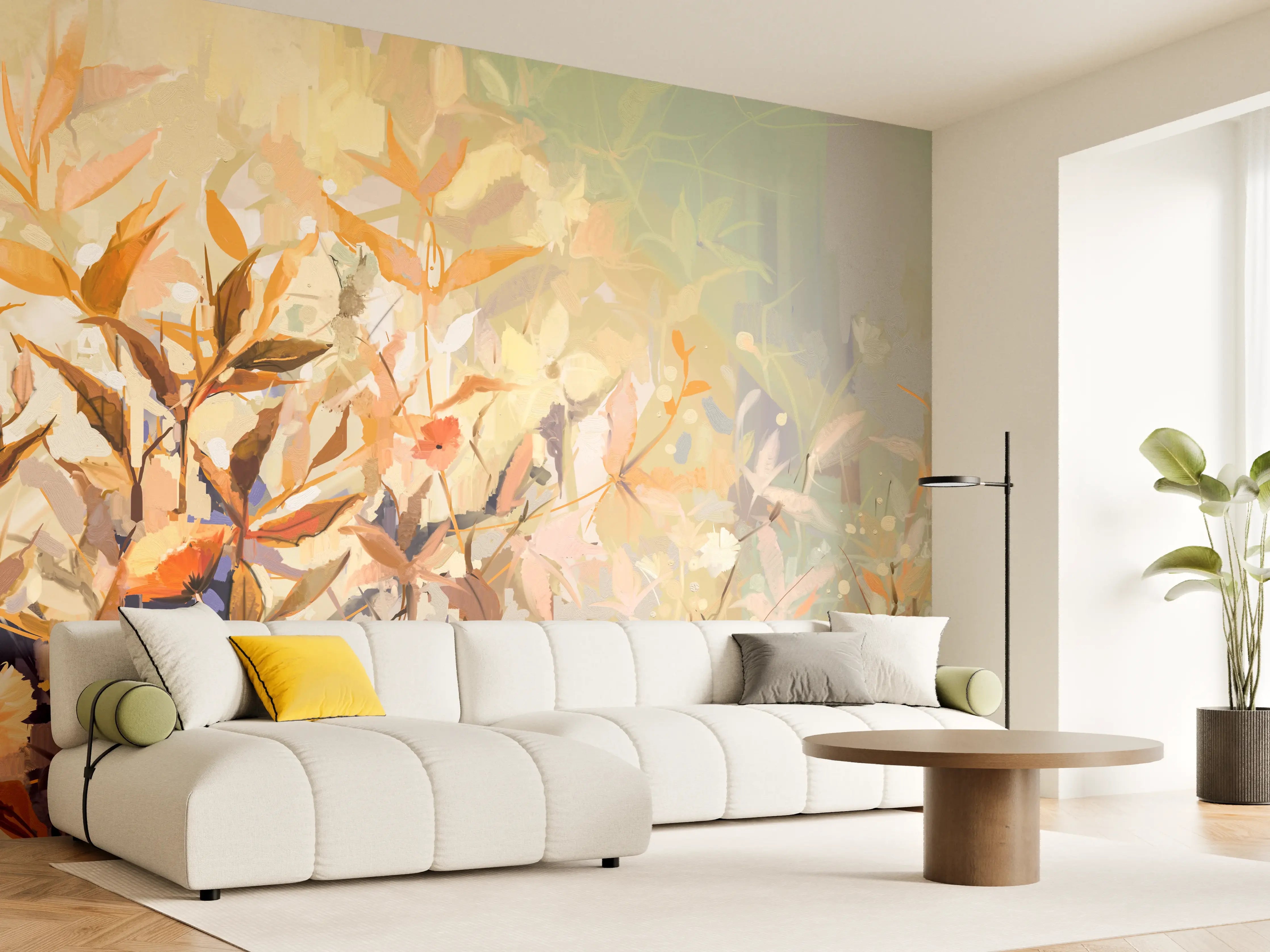Wandverkleidung Wohnzimmer - Warmer Herbstzauber im Aquarellstil