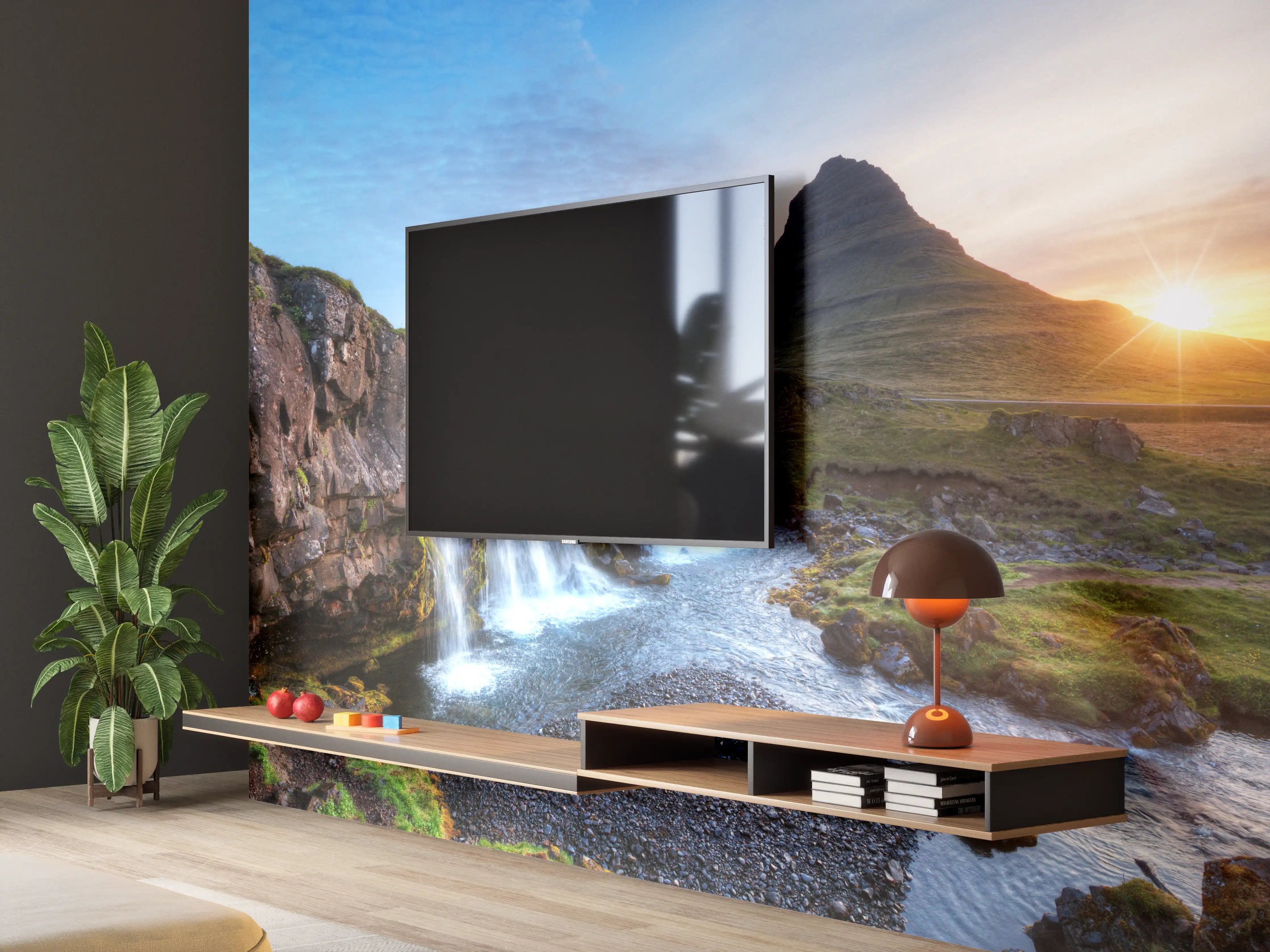 Wandverkleidung Wohnzimmer - Wasserfall bei Sonnenuntergang