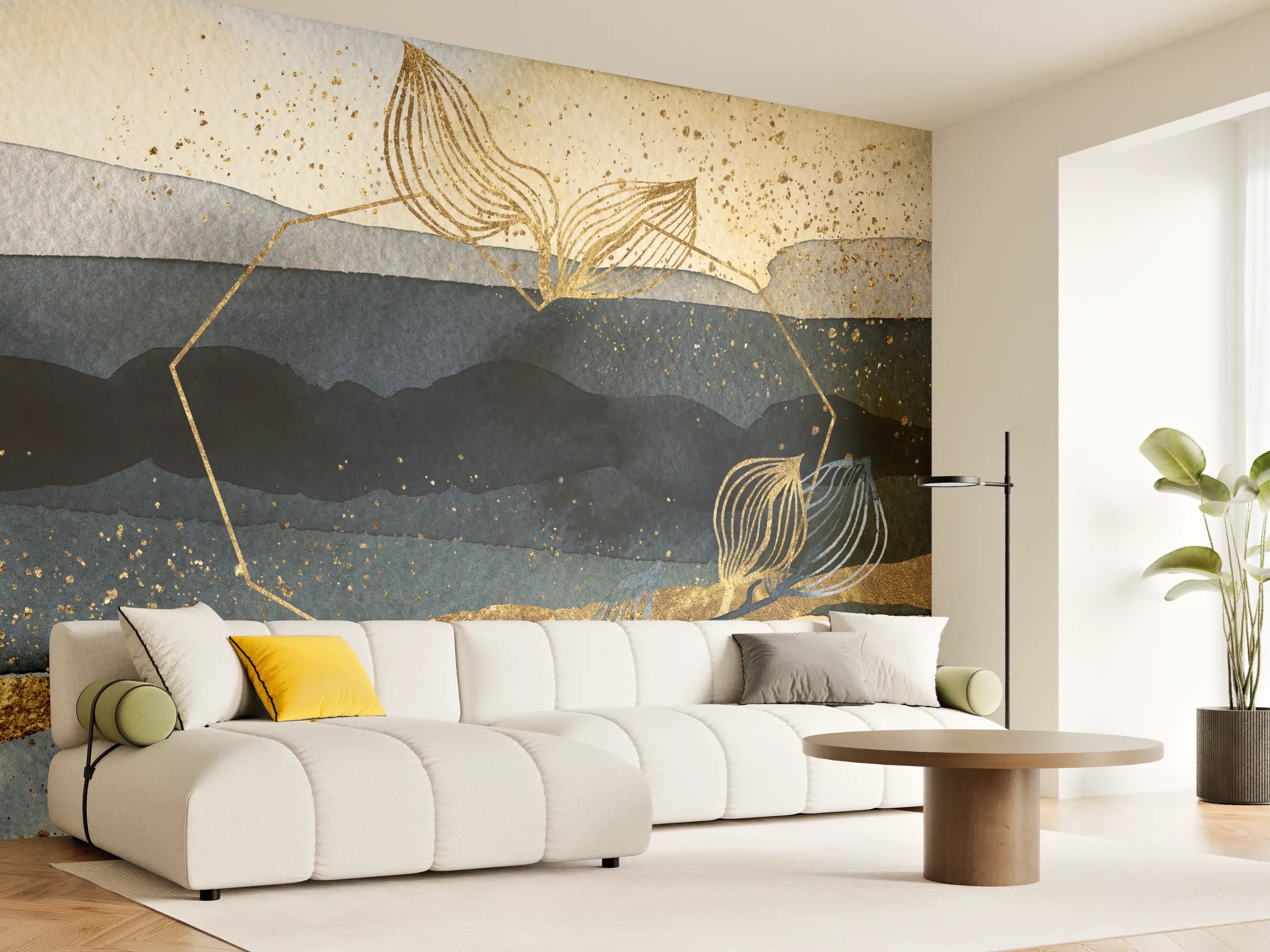 Wandverkleidung Wohnzimmer - Wasserfall im Gold- und Blauton