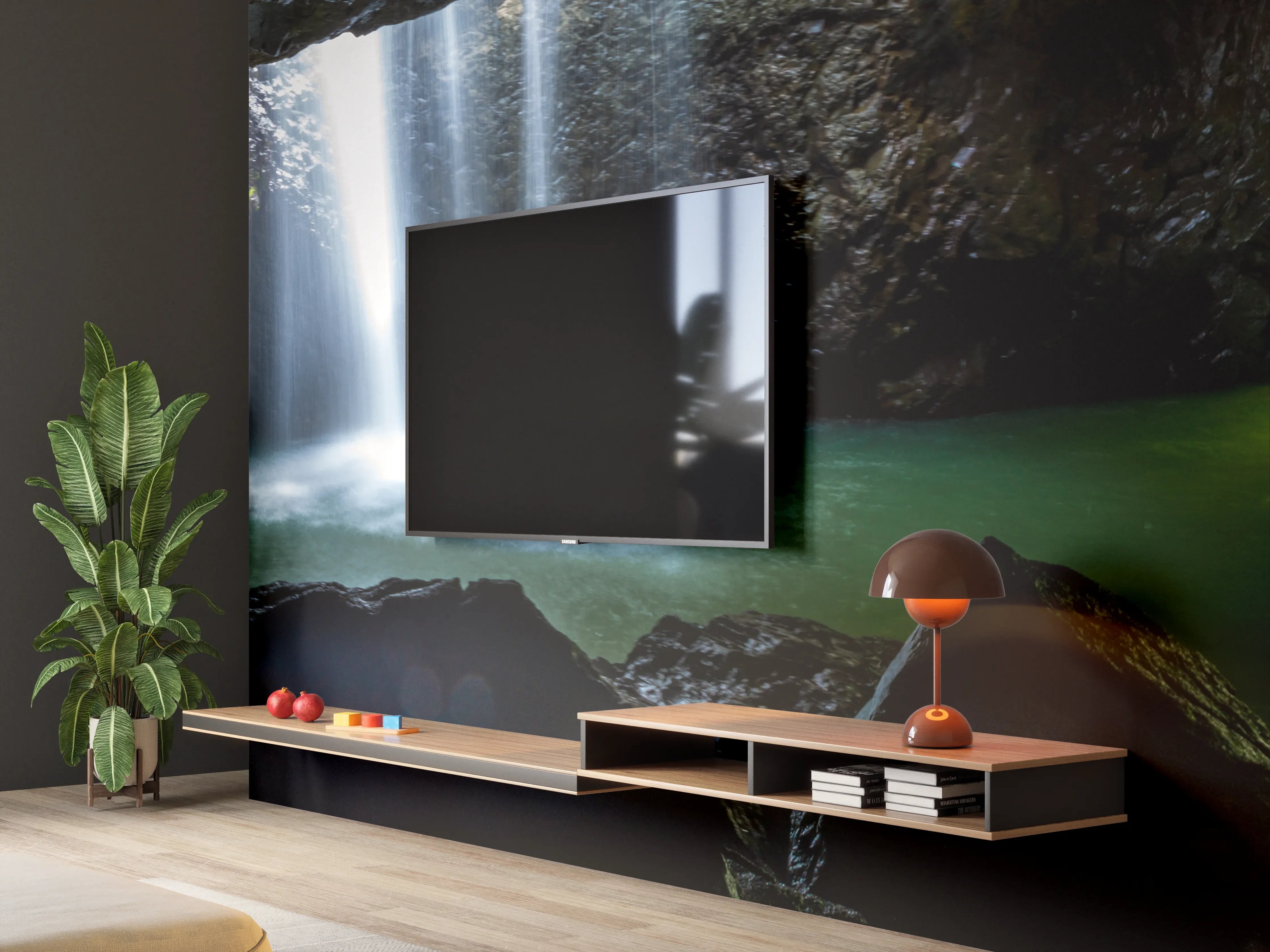 Wandverkleidung Wohnzimmer - Wasserfall in der Höhle