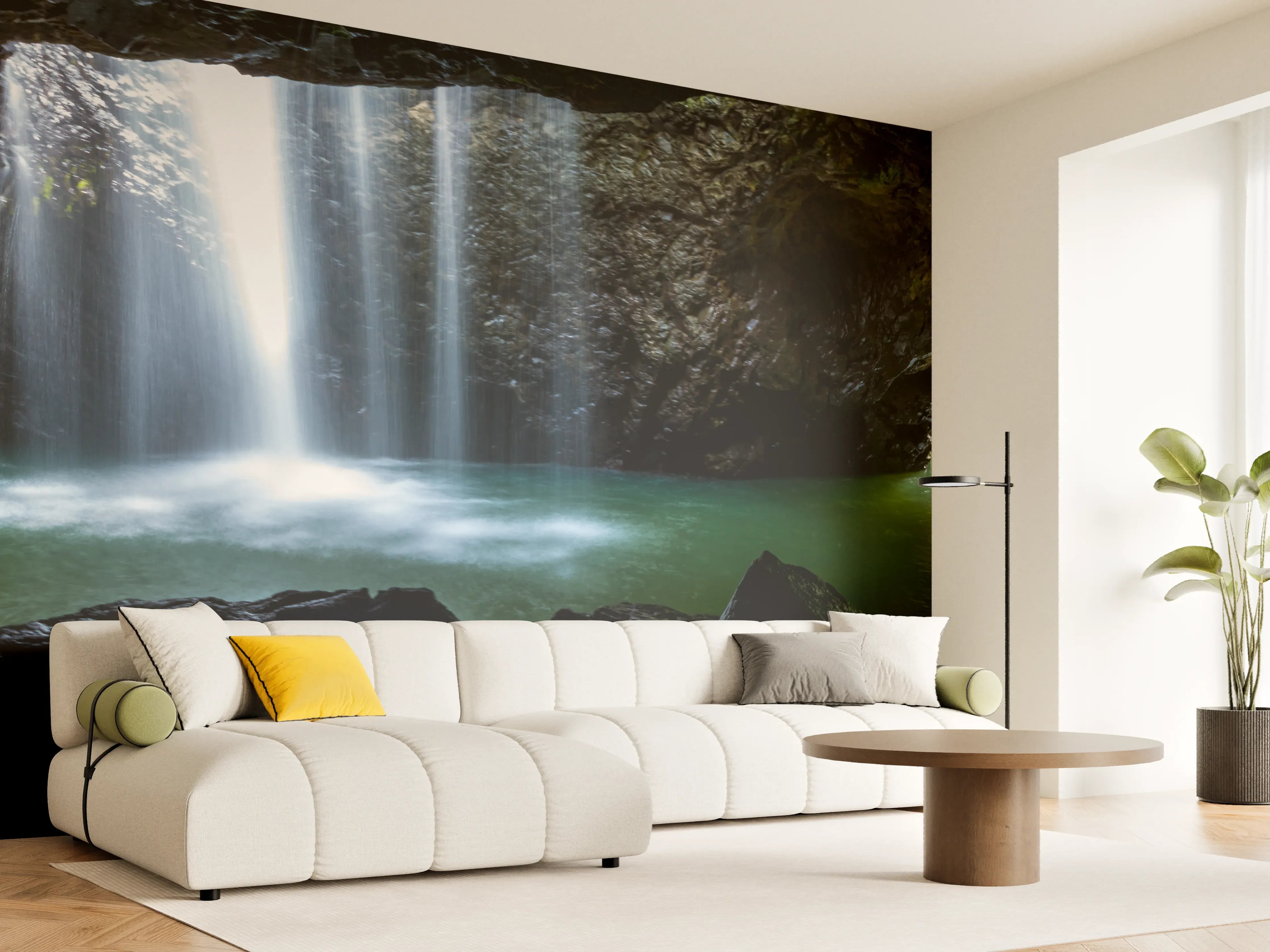 Wandverkleidung Wohnzimmer - Wasserfall in der Höhle