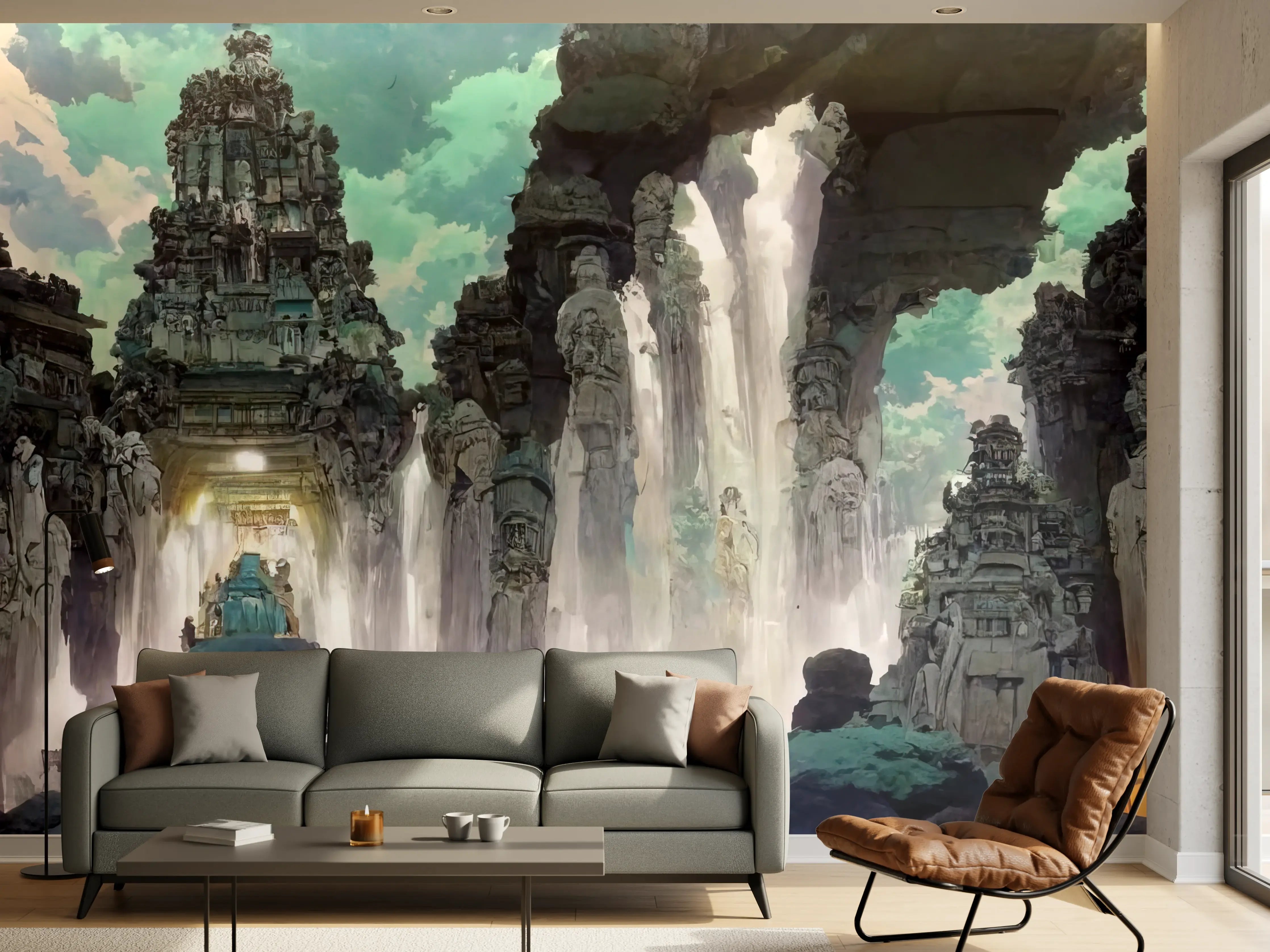 Wandverkleidung Wohnzimmer - Wasserfall in einer Höhle - Zeichnung